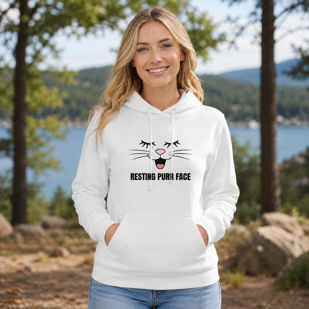 Resting Purr Face Fleece Hoodie — Cute Cat Graphic Pullover for Women