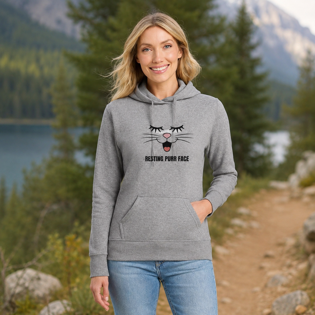 Resting Purr Face Fleece Hoodie — Cute Cat Graphic Pullover for Women