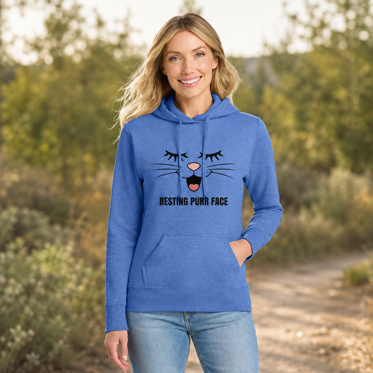Resting Purr Face Fleece Hoodie — Cute Cat Graphic Pullover for Women