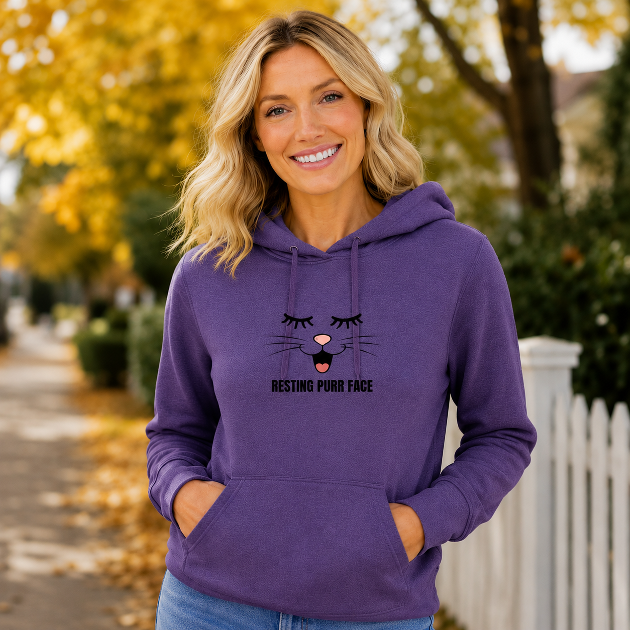 Resting Purr Face Fleece Hoodie — Cute Cat Graphic Pullover for Women