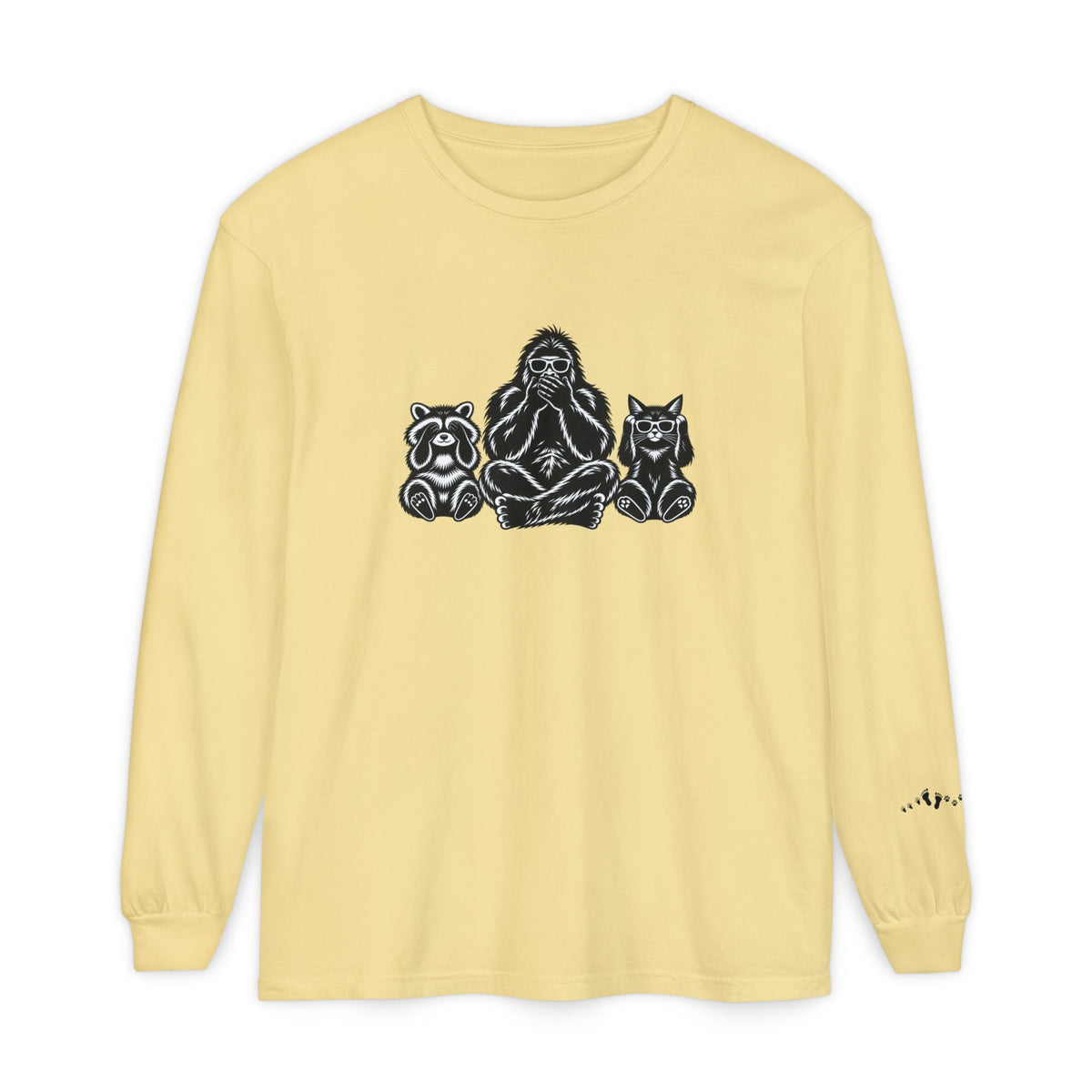 Hear No Evil, See No Evil, Speak No Evil | Bigfoot, Jimothy & Cat Garment-Dyed Long Sleeve Tee