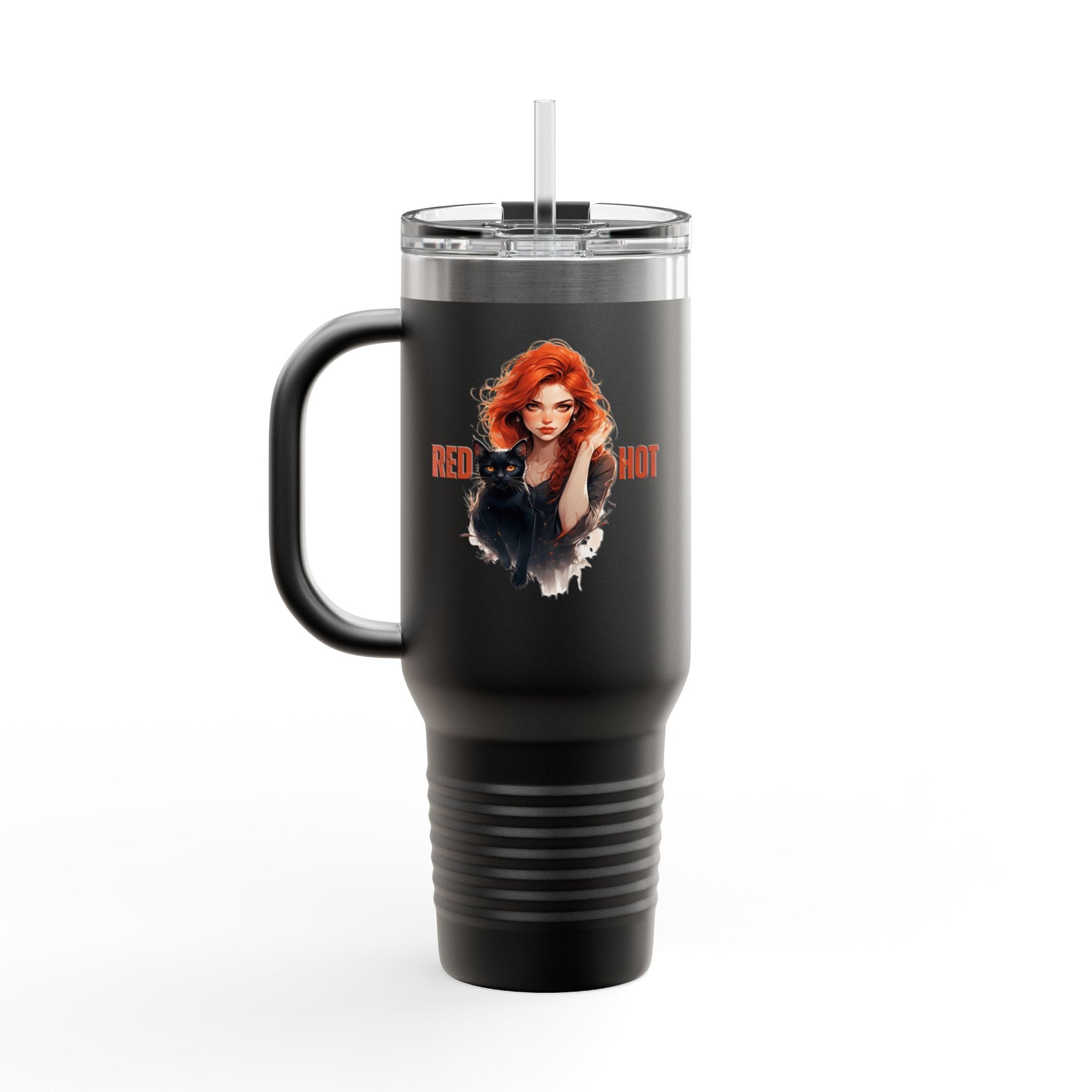 Insulated Travel Mug, Red Hot Vibes, 40oz Coffee Travel Tumbler for Cat Lovers