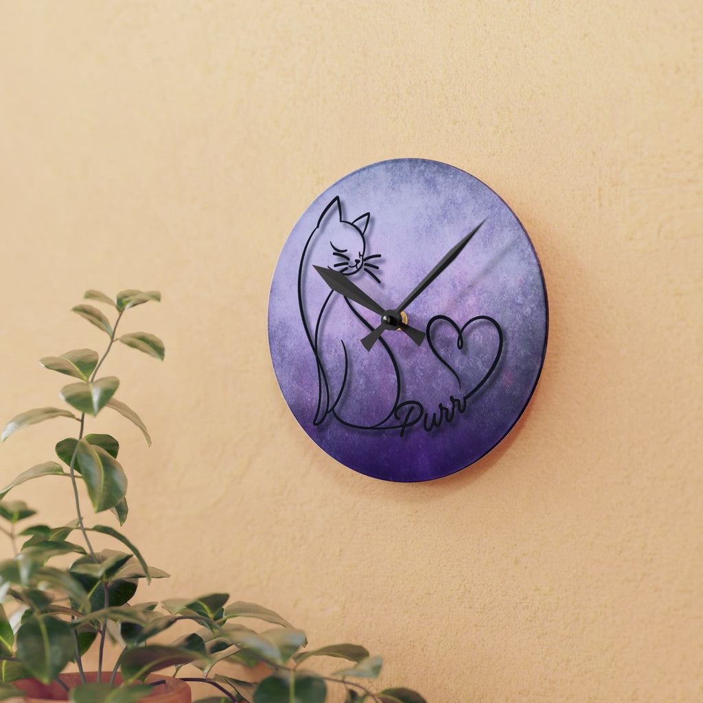 Purr Cat Heart Acrylic Wall Clock – Minimalist Cat Lover Decor