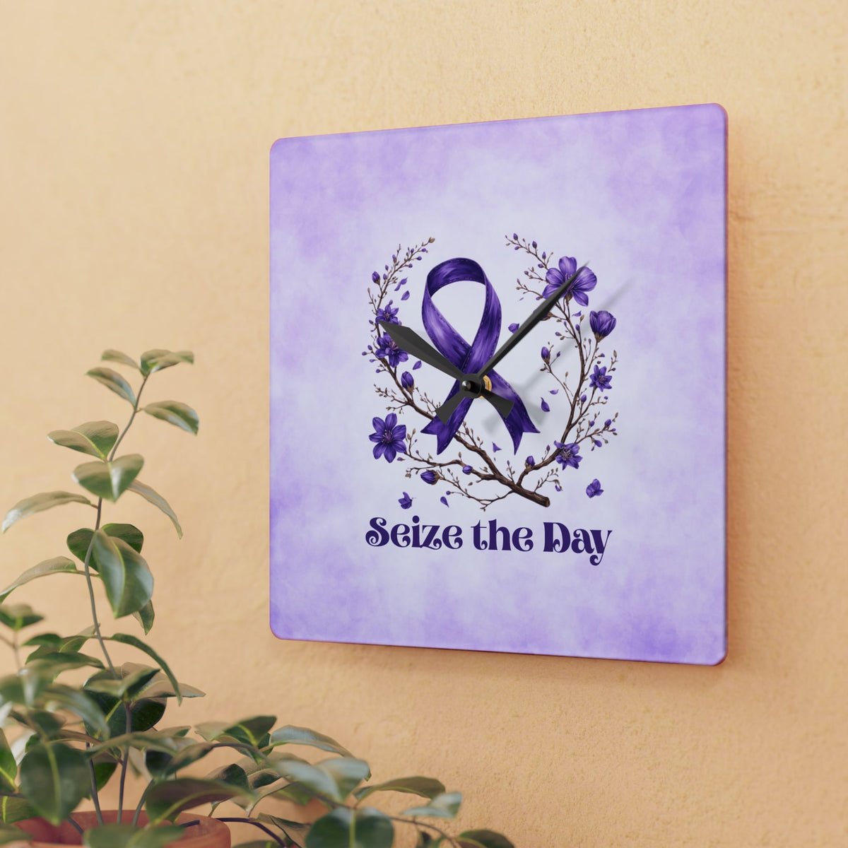 Purple Floral Seize the Day Acrylic Wall Clock