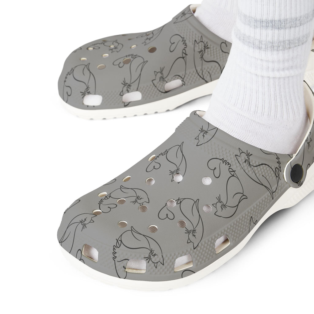 Minimalist Cat Line Art EVA Clogs – Grey All-Over Print Slip-Ons