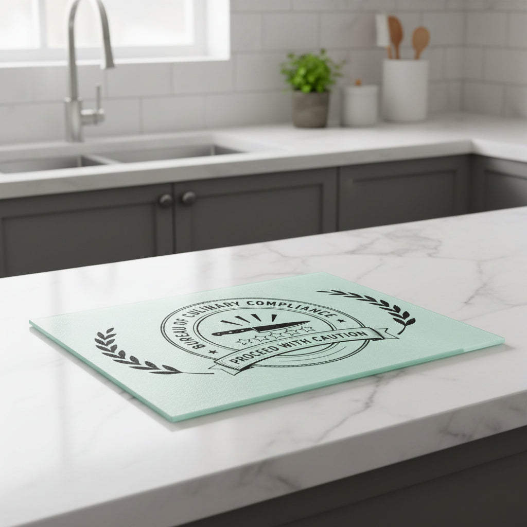Bureau of Culinary Compliance Cutting Board – “Proceed With Caution” Glass Board