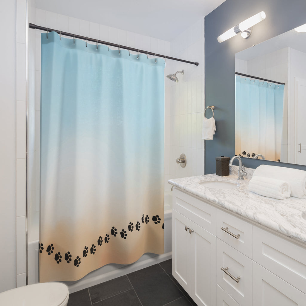 Beach Vibe Shower Curtain with Paw Prints Printify