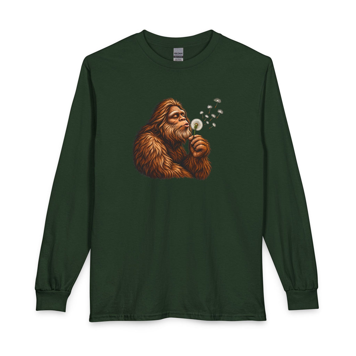 Bigfoot Blowing Dandelion Long Sleeve T-Shirt | Peaceful Sasquatch Nature Tee