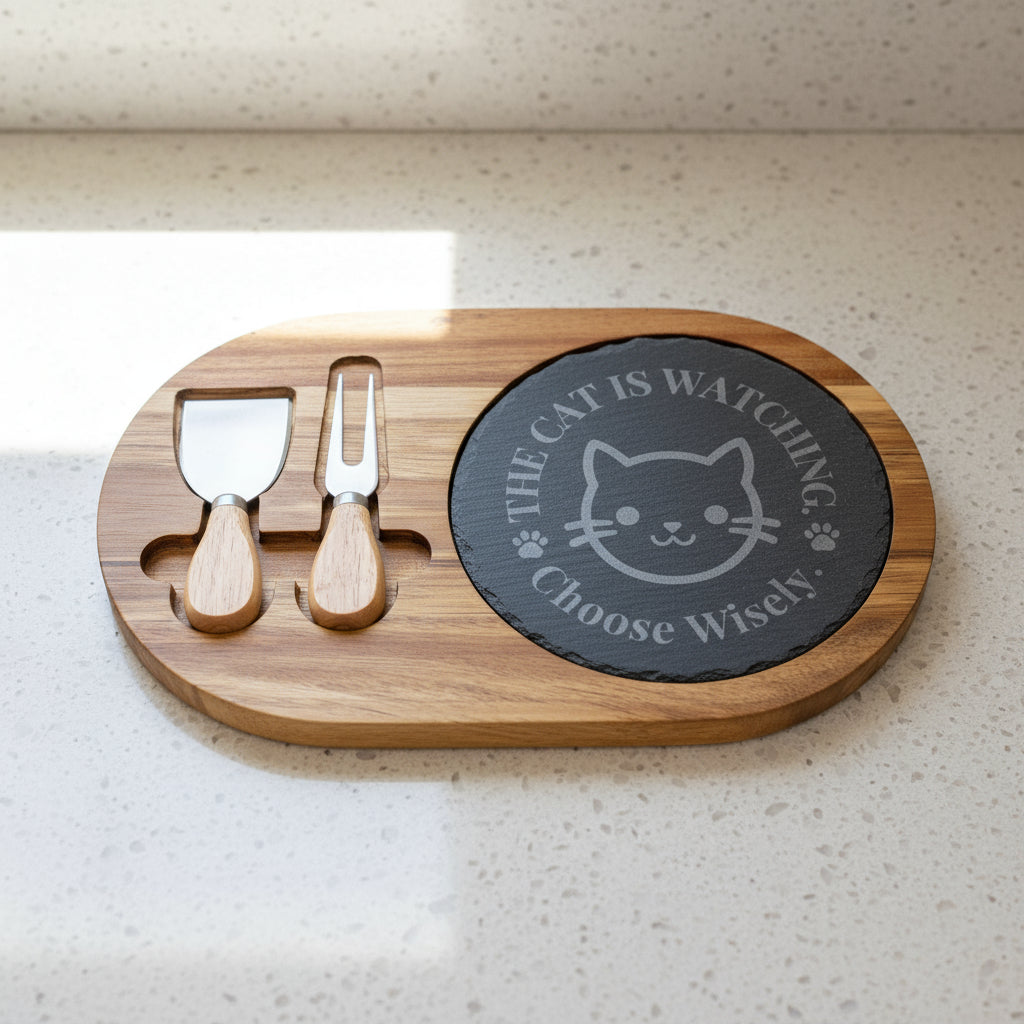 Engraved Cat Charcuterie Board — The Cat Is Watching, Choose Wisely