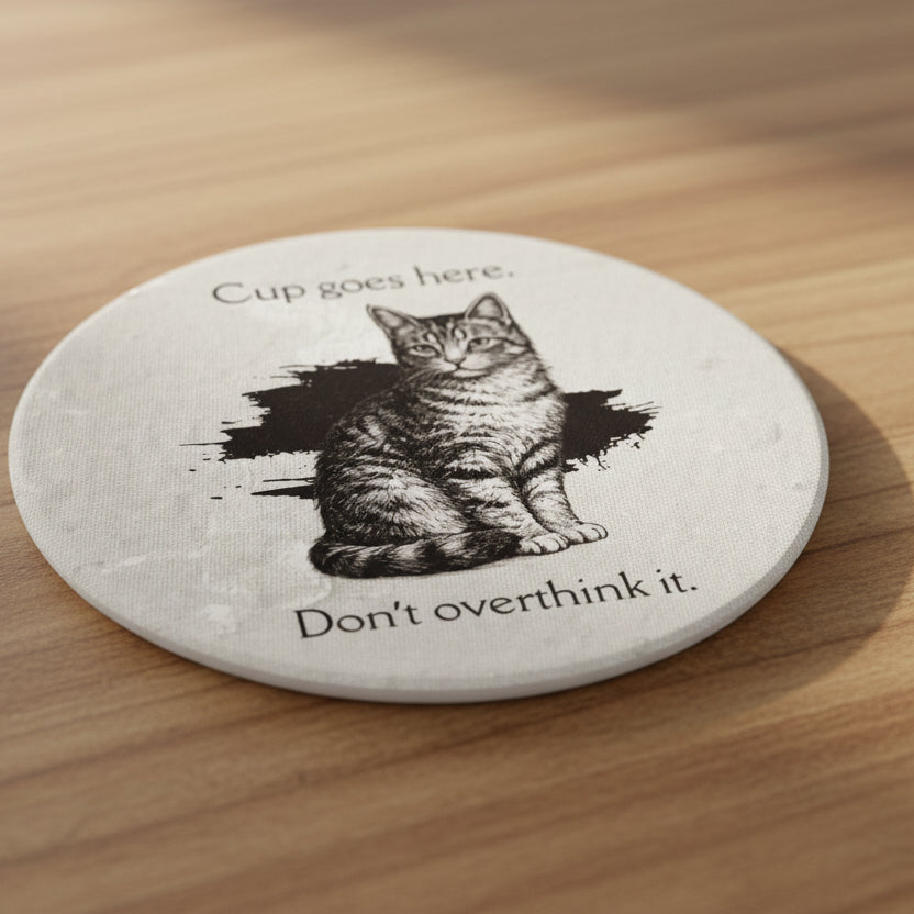“Cup Goes Here” Cat Coaster – Vintage Sketch Ceramic Coaster with Cork Backing | Funny Minimalist Cat Decor