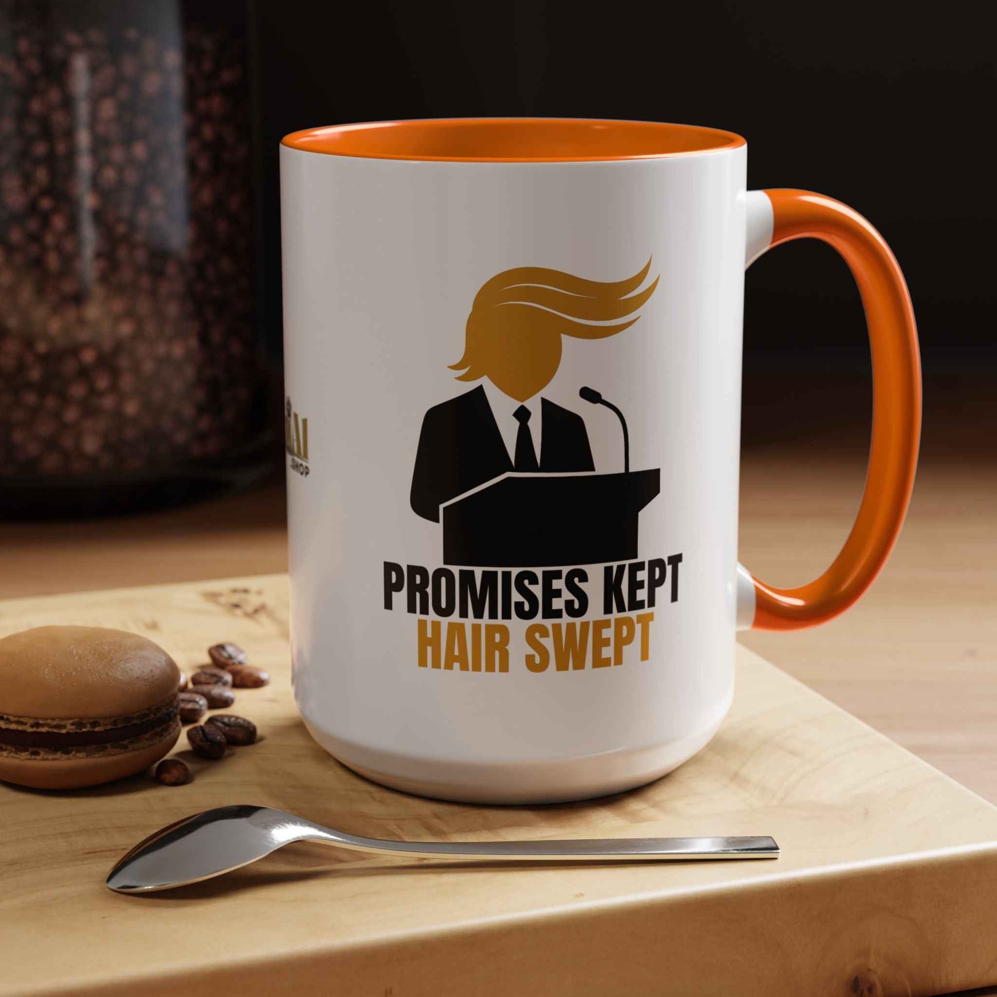 Promises Kept, Hair Swept — Two-Tone Coffee Mug (Political Parody)