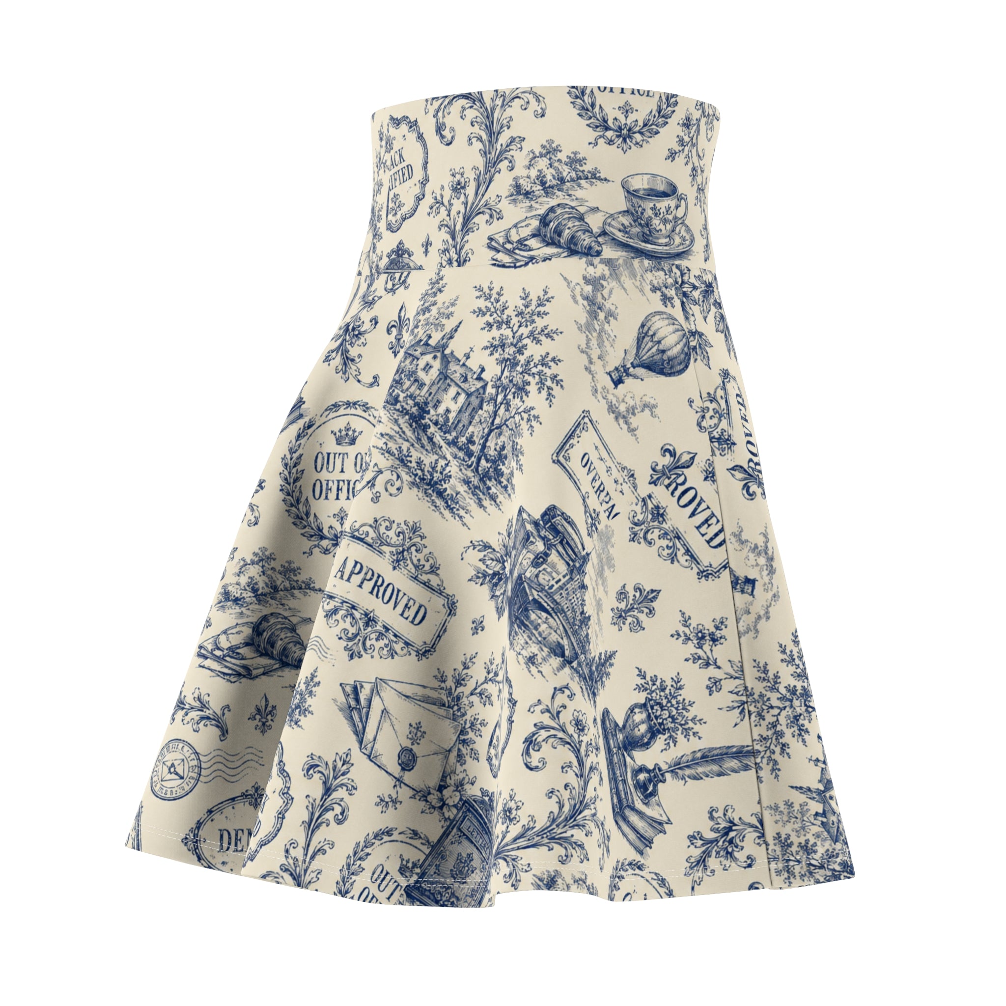 Vintage Office Toile Skater Skirt – Blue and Ivory High-Waisted Flared Skirt
