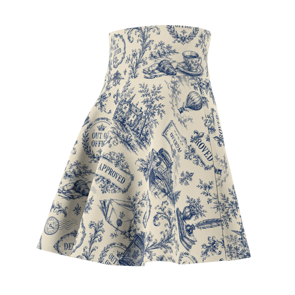 Vintage Office Toile Skater Skirt – Blue and Ivory High-Waisted Flared Skirt