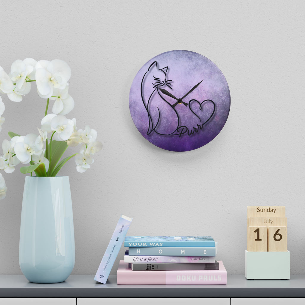Purr Cat Heart Acrylic Wall Clock – Minimalist Cat Lover Decor