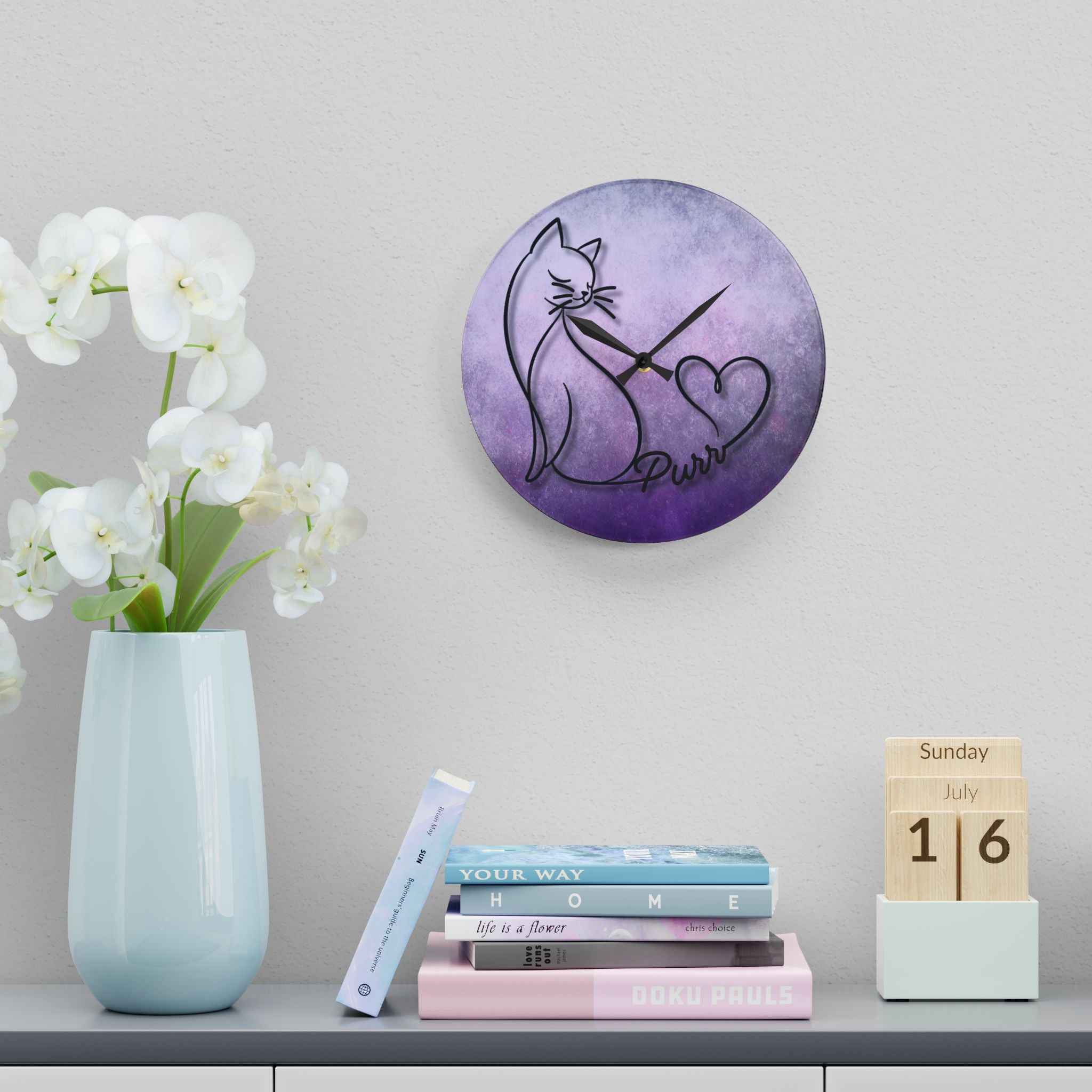 Purr Cat Heart Acrylic Wall Clock – Minimalist Cat Lover Decor