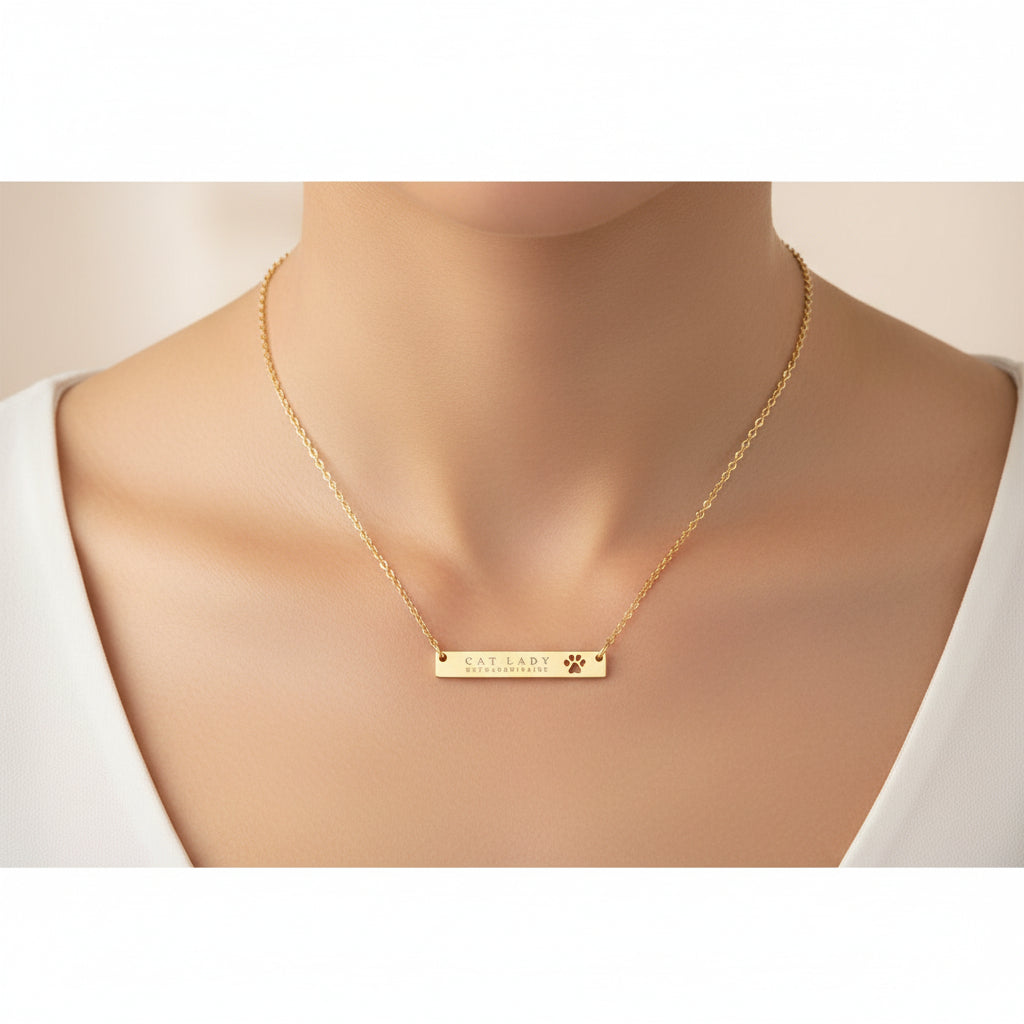 Cat Lady Extraordinaire Bar Necklace | Paw Engraved Stainless Steel