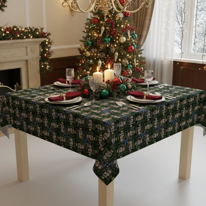 Photo depicting the ​Ornaments are History Christmas Tablecloth from EpiAl's Shop.