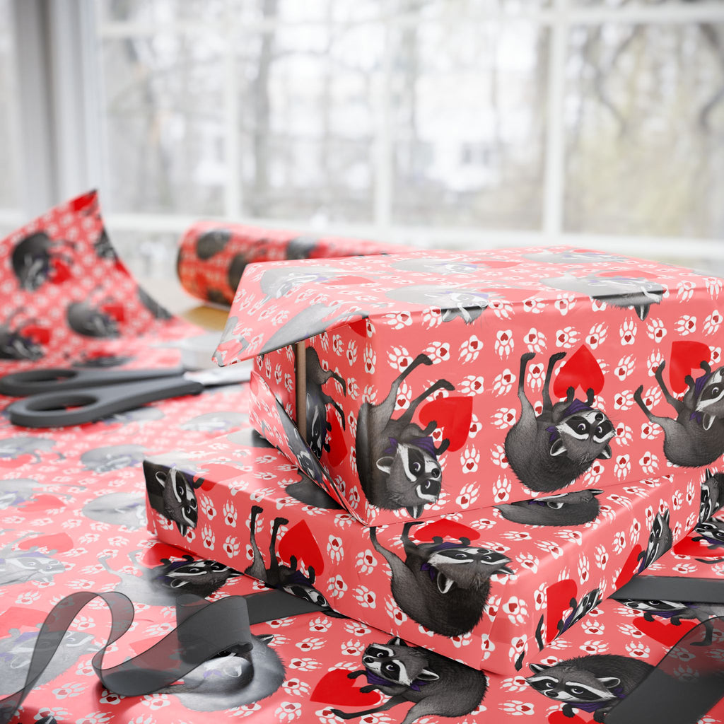 Jimothy's Love & Mischief Gift Wrapping Paper | Raccoon Hearts & Paw Prints