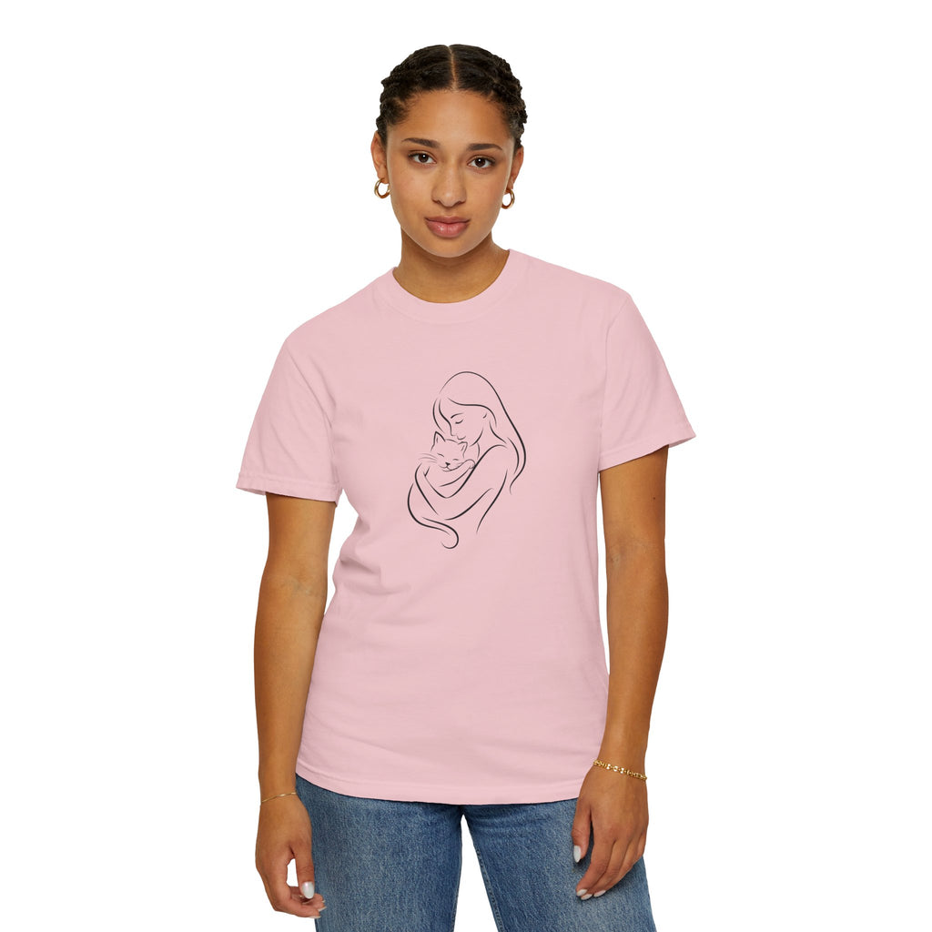 Mother & Cat Embrace T-Shirt | Minimal Line Art Cat Mom Shirt