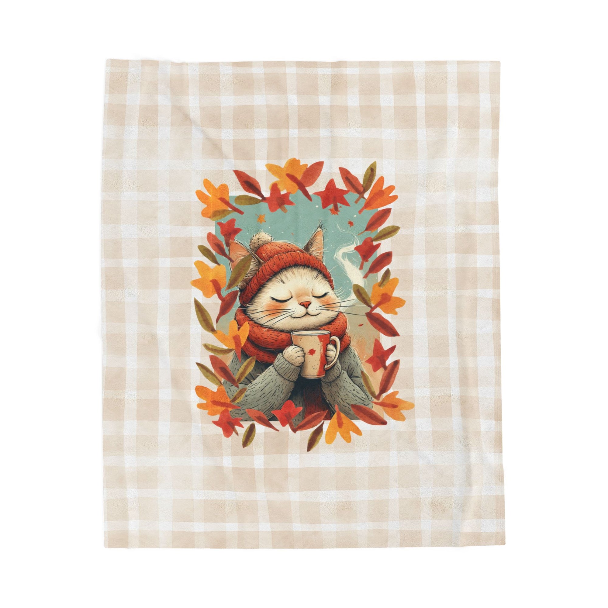 Hot Chocolate Cat Plush Blanket, Soft Throw for Fall