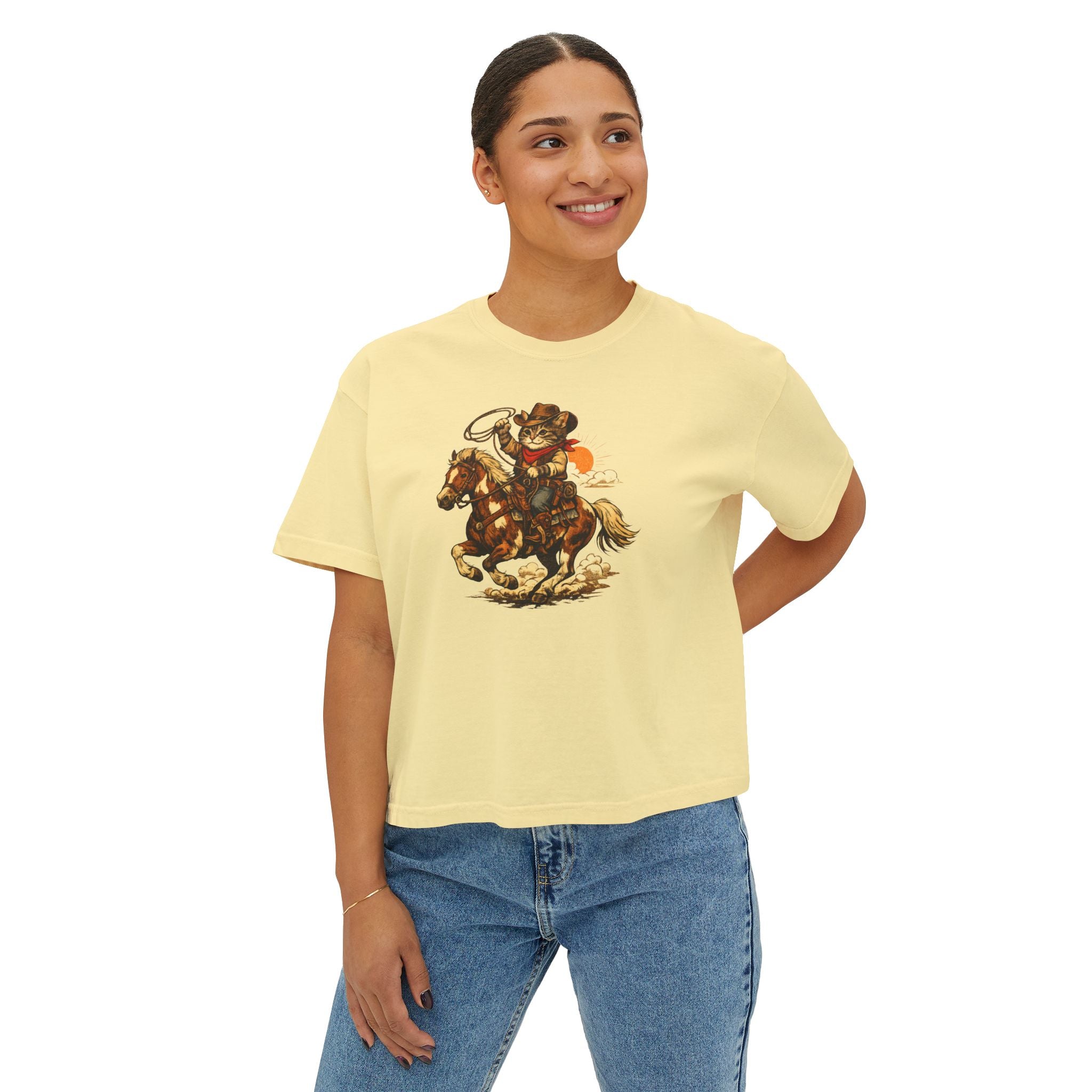 Cowboy Cat Cropped Tee | Vintage Western Cat Boxy Crop Top