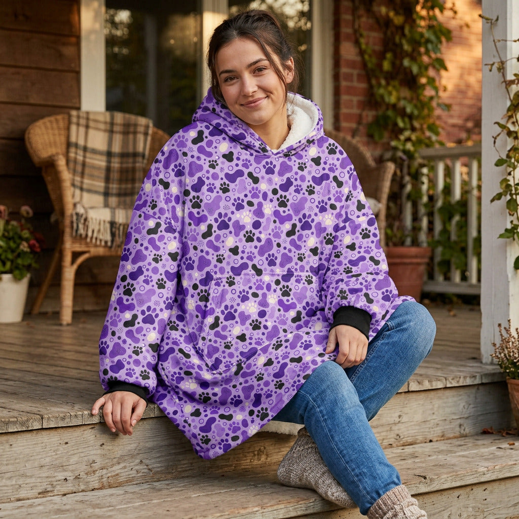 Paws & Purple | Cat Paw Print Hooded Wearable Blanket