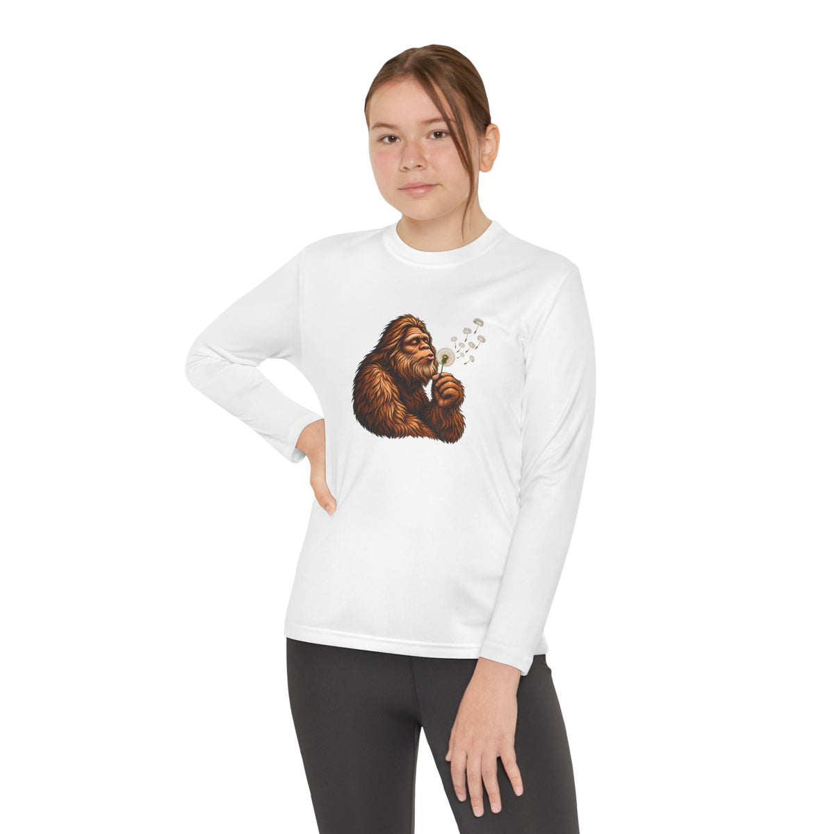 Bigfoot Blowing Dandelion Youth Long Sleeve Tee | Kids Sasquatch Shirt