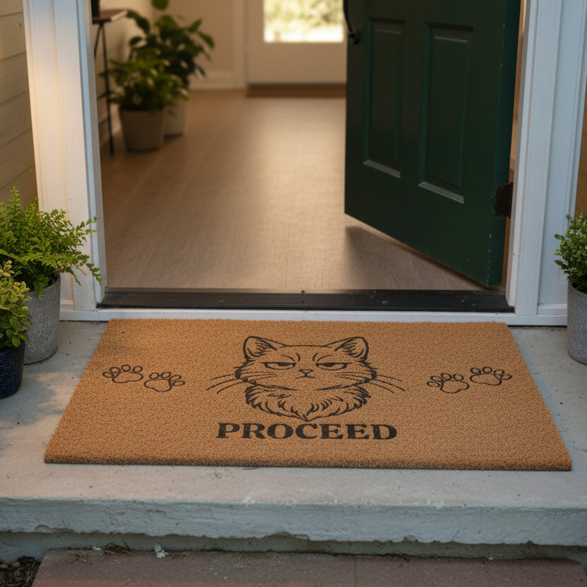 “Proceed” Judgy Cat Welcome Mat – Cat Lover Door Mat