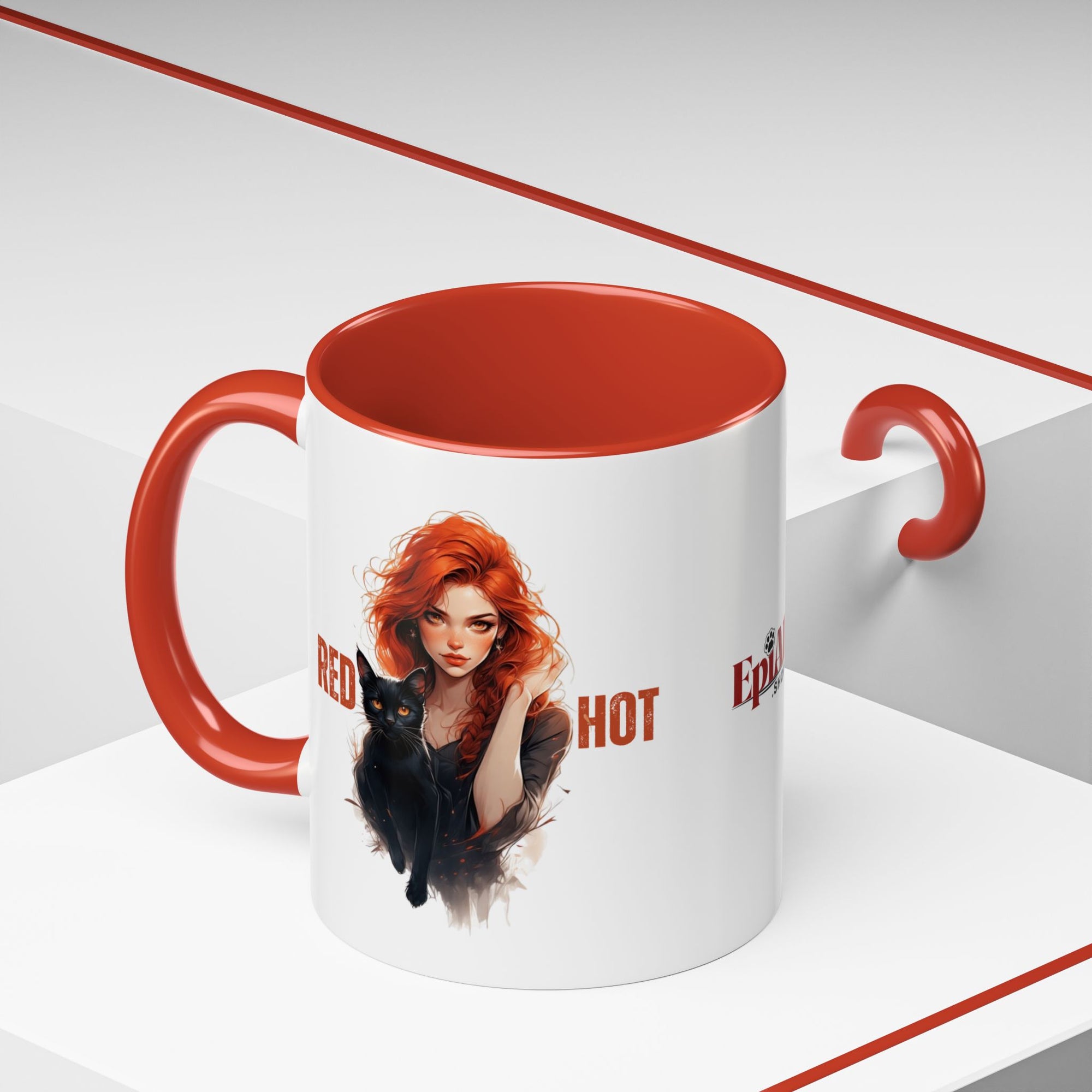 Red Hot Coffee Mug with Artistic Cat-Themed Design
