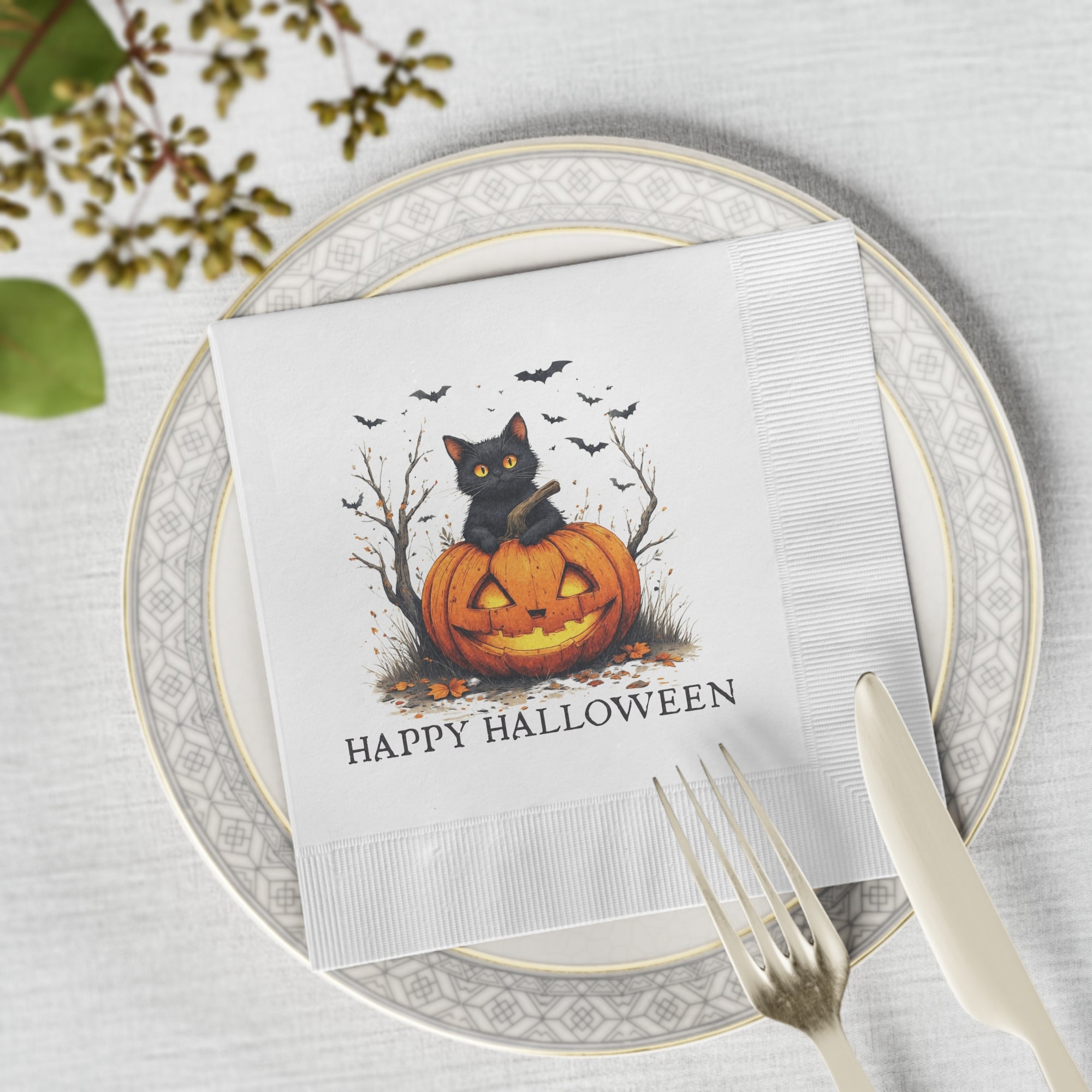 Halloween Themed Napkins with Cat and Pumpkin Design