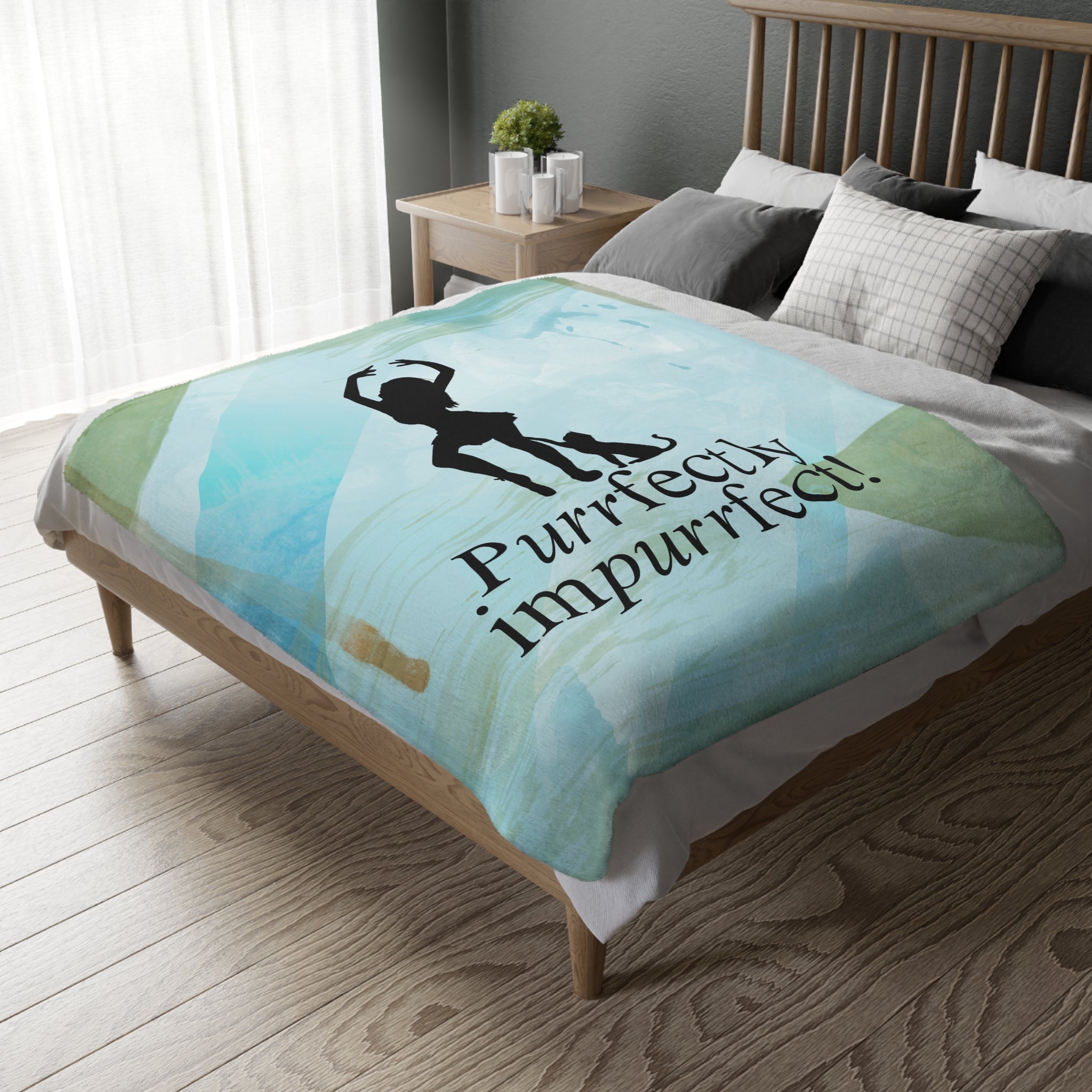 Photo depicting the ​Purrfectly Impurrfect Velveteen Microfiber Blanket (Two-sided print) from EpiAl's Shop.