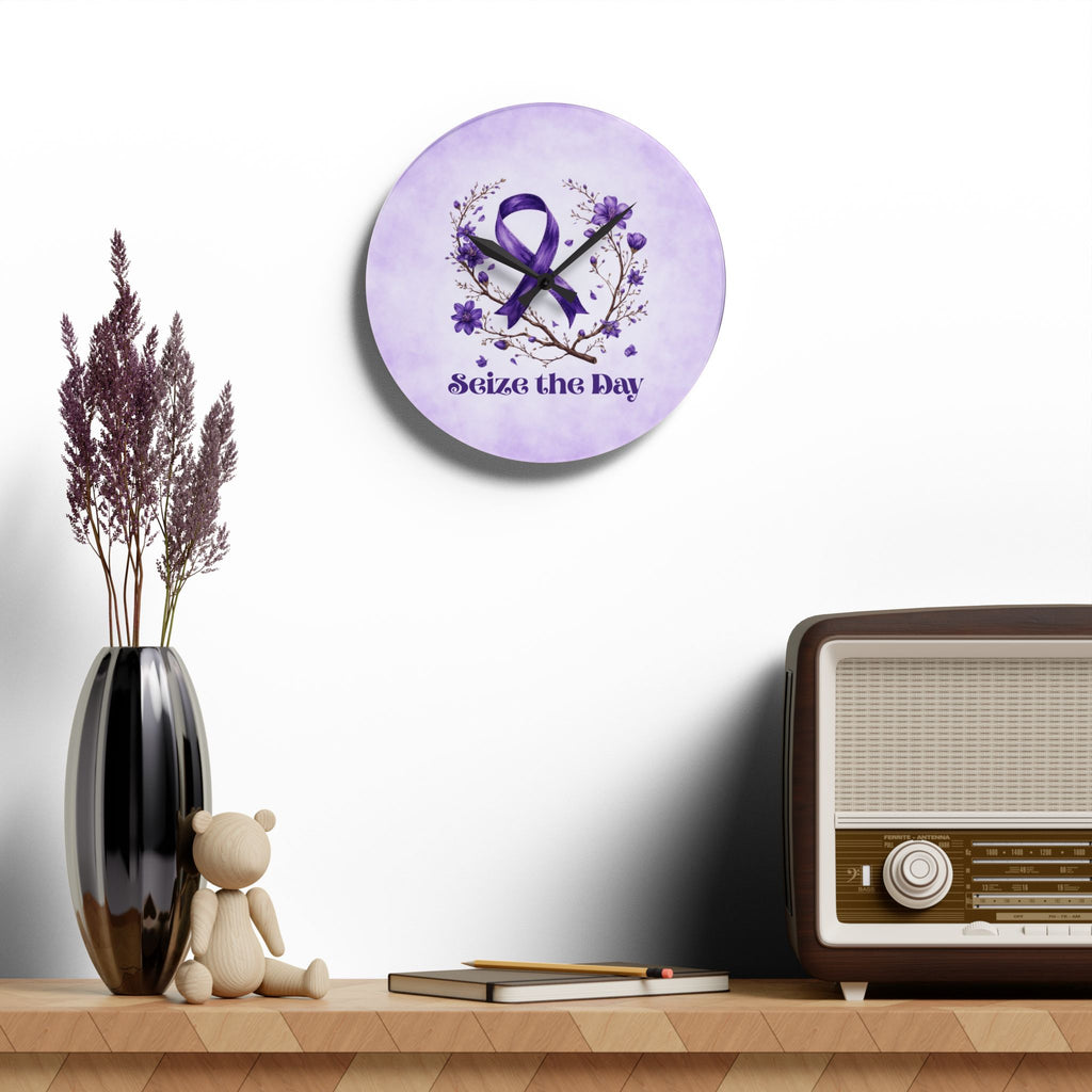 Purple Floral Seize the Day Acrylic Wall Clock