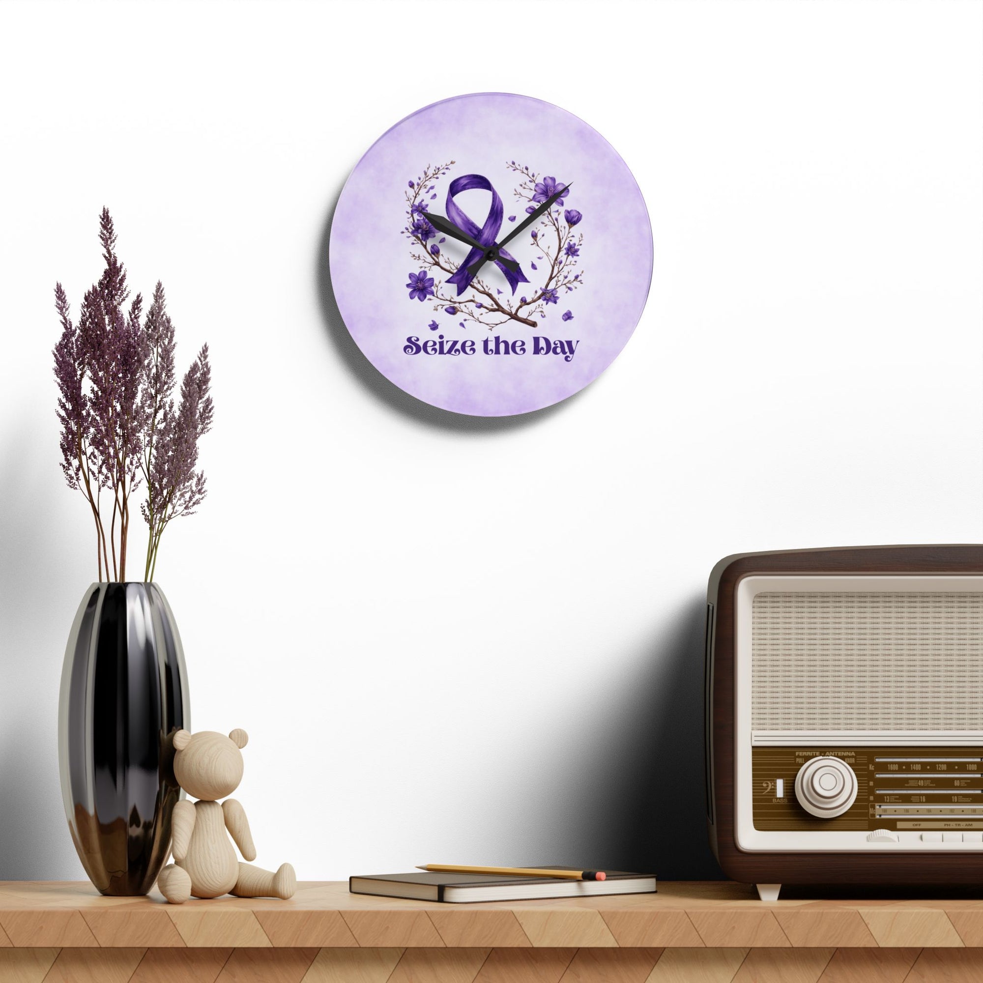 Purple Floral Seize the Day Acrylic Wall Clock
