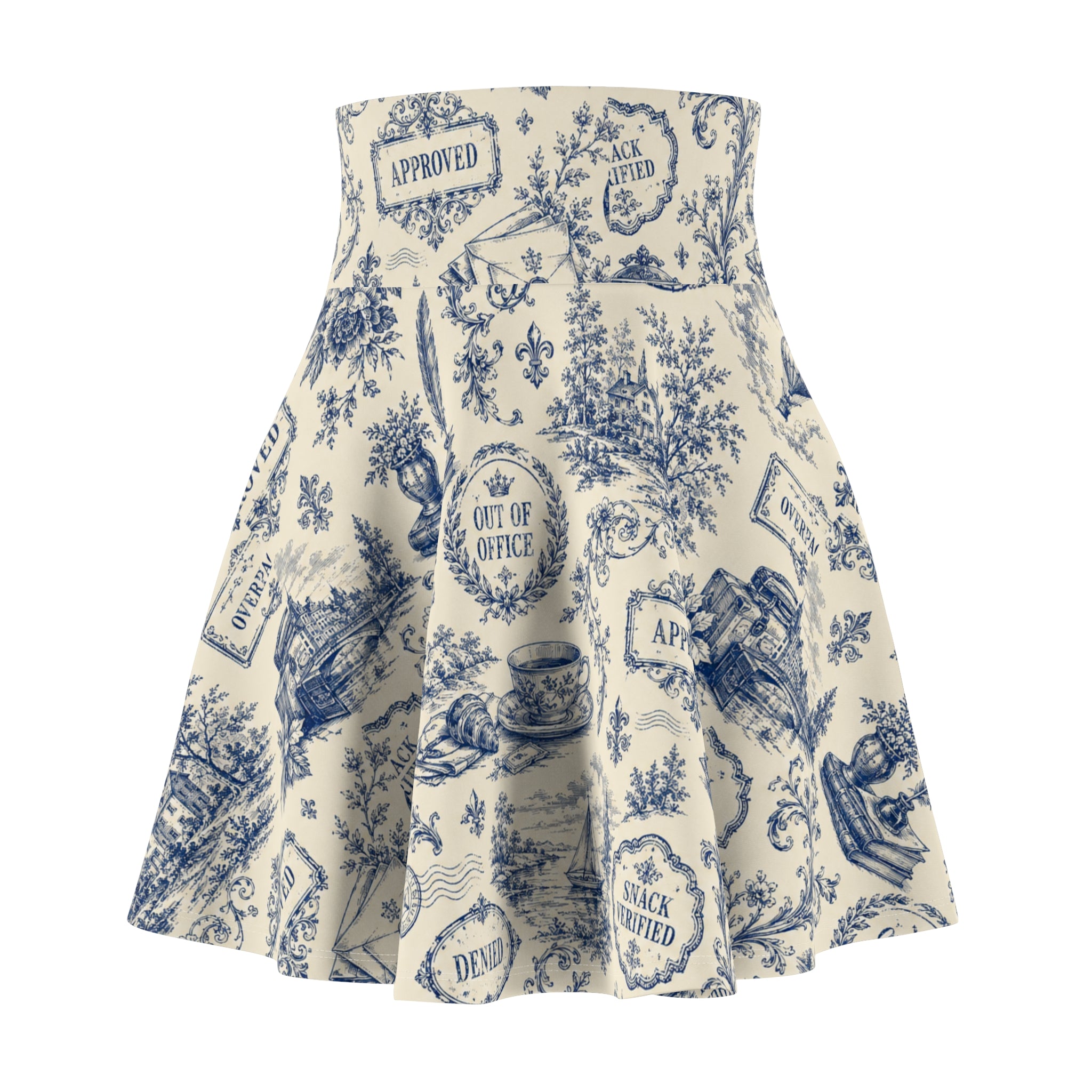 Vintage Office Toile Skater Skirt – Blue and Ivory High-Waisted Flared Skirt