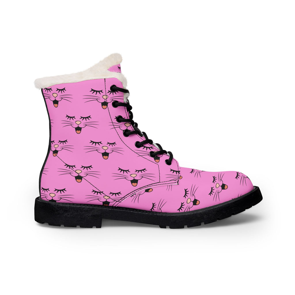 Cat Face Fur-Lined Vegan Leather Winter Boots for Women