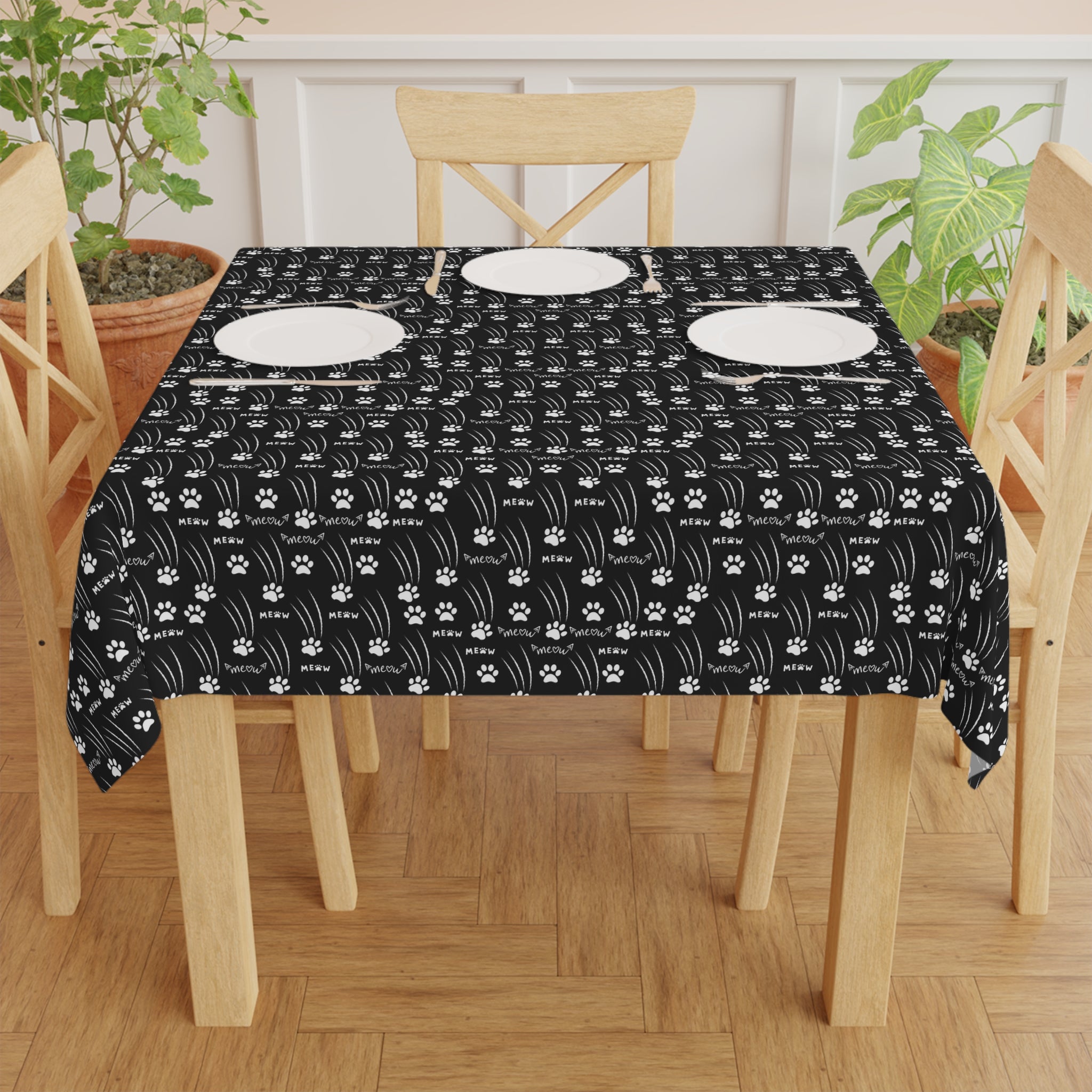 “Black & White Meow Trails” Square Tablecloth