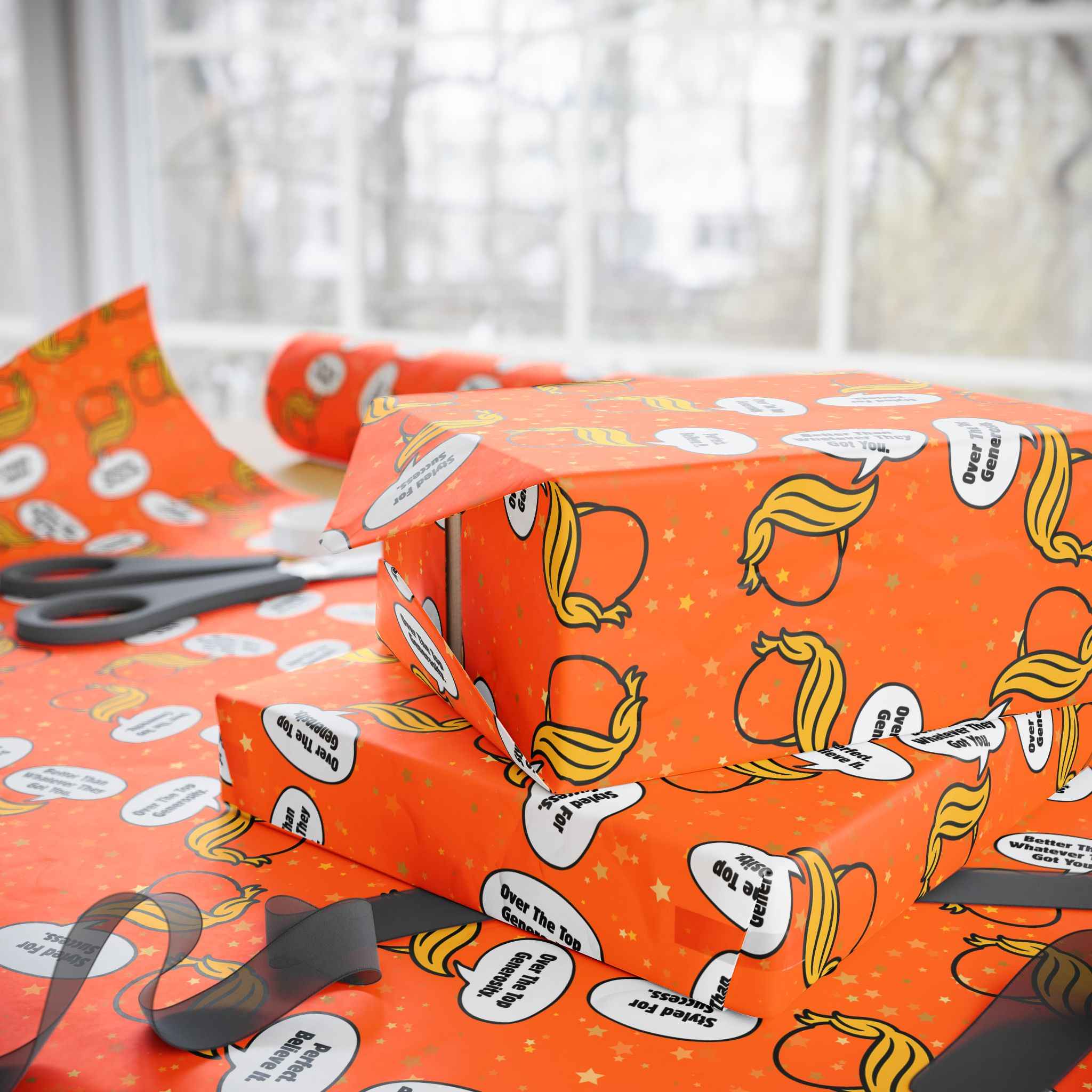 “Styled for Success” Parody Gift Wrap – Blonde Whoosh & Gold Stars