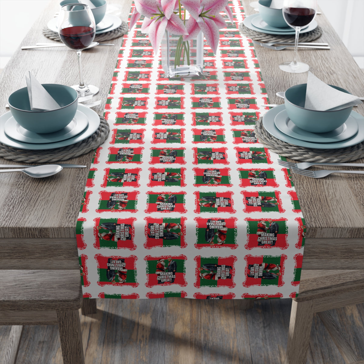 Festive Santa Trump Table Runner for Holidays | Christmas Table Decor