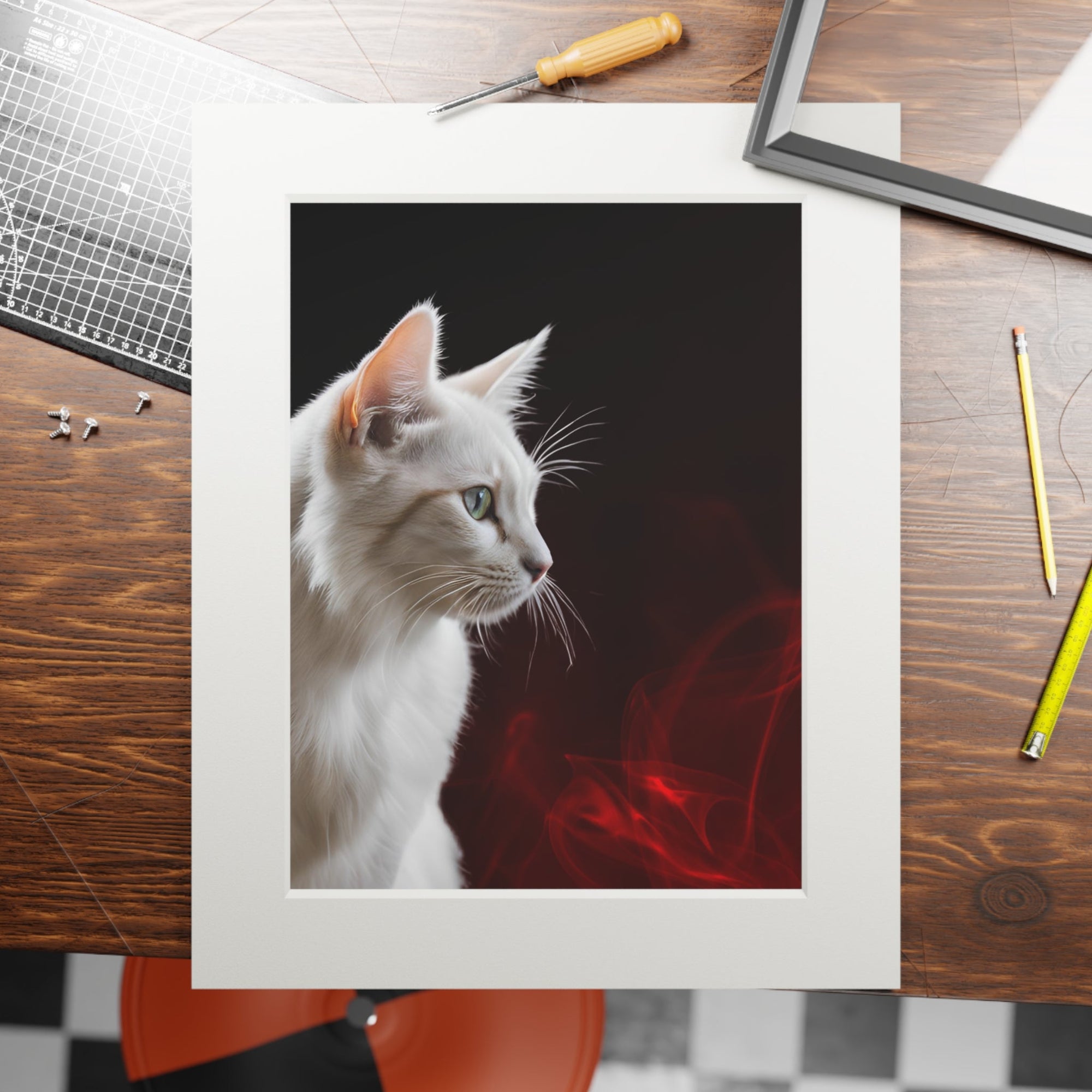 Wonderful White Cat Fine Art Print with Passepartout Frame Printify