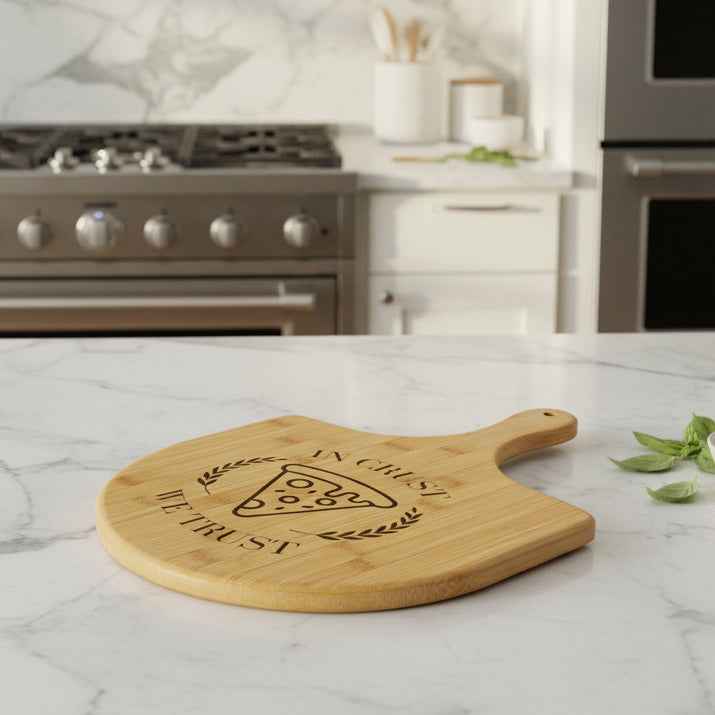 “In Crust We Trust” Engraved Bamboo Pizza Board – Political Parody Pizza Paddle