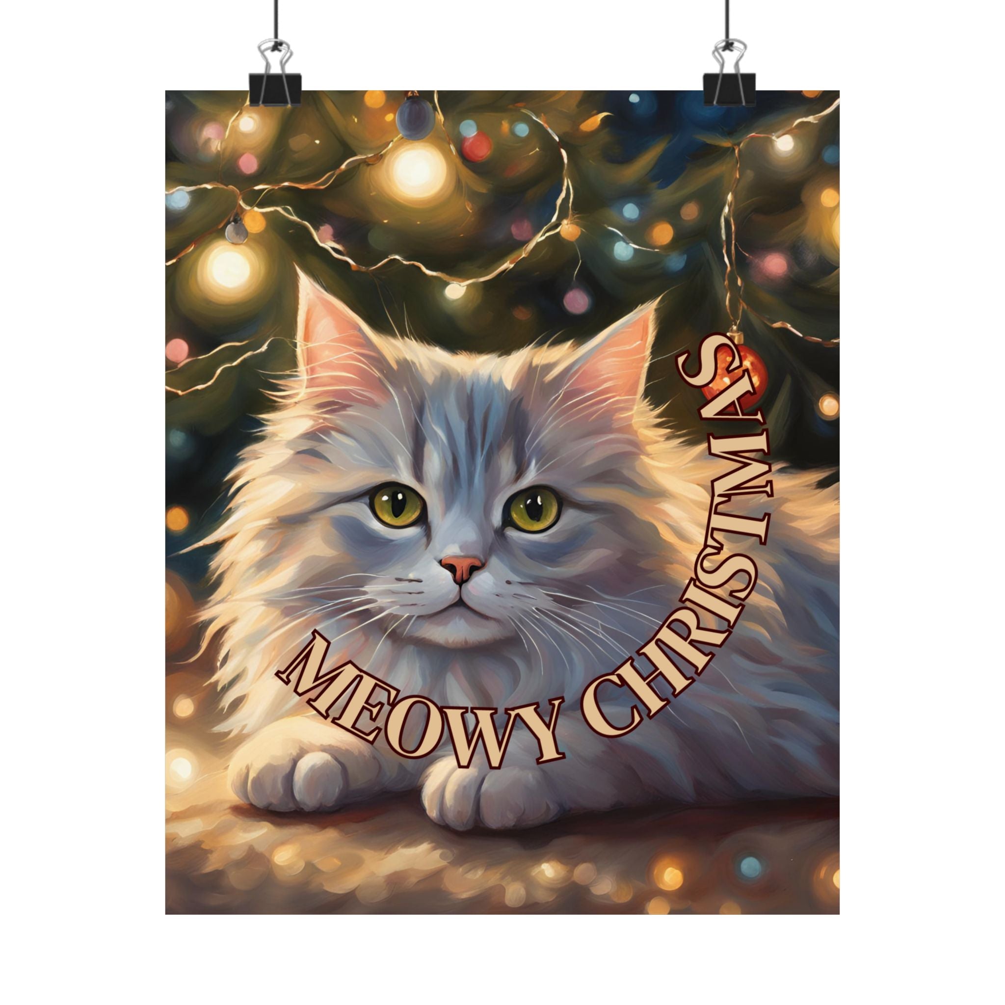 Photo depicting the ​White Meowy Christmas Kitty Matte Vertical Posters from EpiAl's Shop.