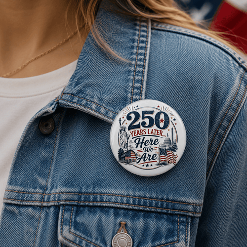 250 Years Later Here We Are Pinback Button | Patriotic Americana Badge - Buttons, Pinback - EpiAl's Shop