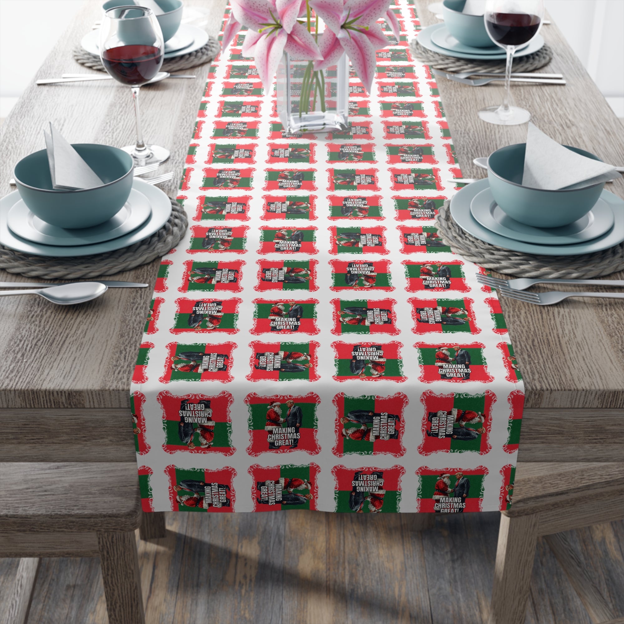 Festive Santa Trump Table Runner for Holidays | Christmas Table Decor