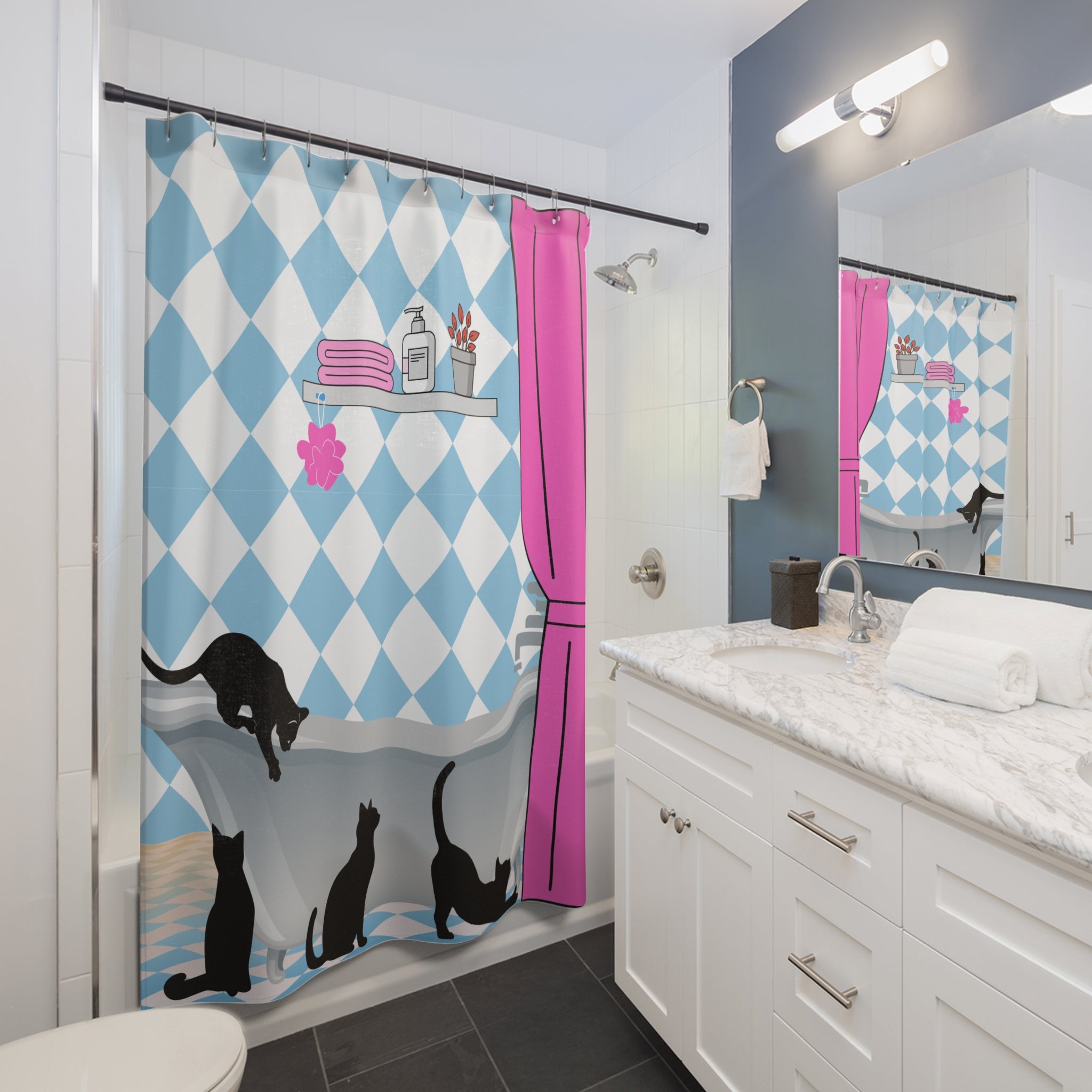 Curiosity in the Clawfoot Cat Shower Curtain