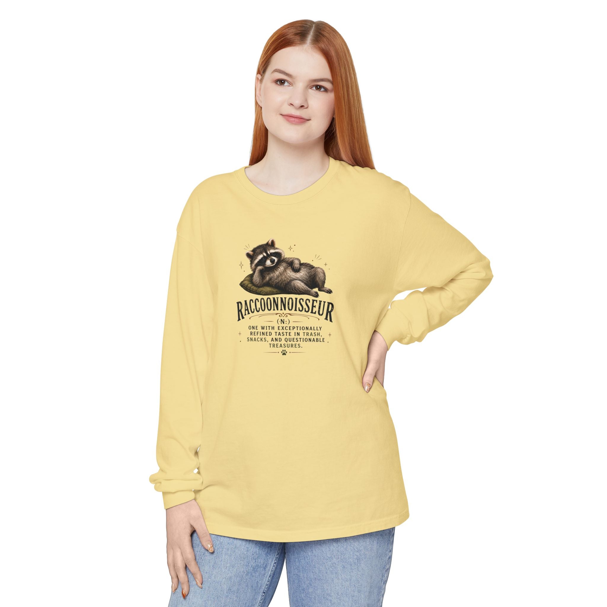 Raccoonnoisseur Garment-Dyed Long Sleeve Shirt | Funny Raccoon Graphic Tee
