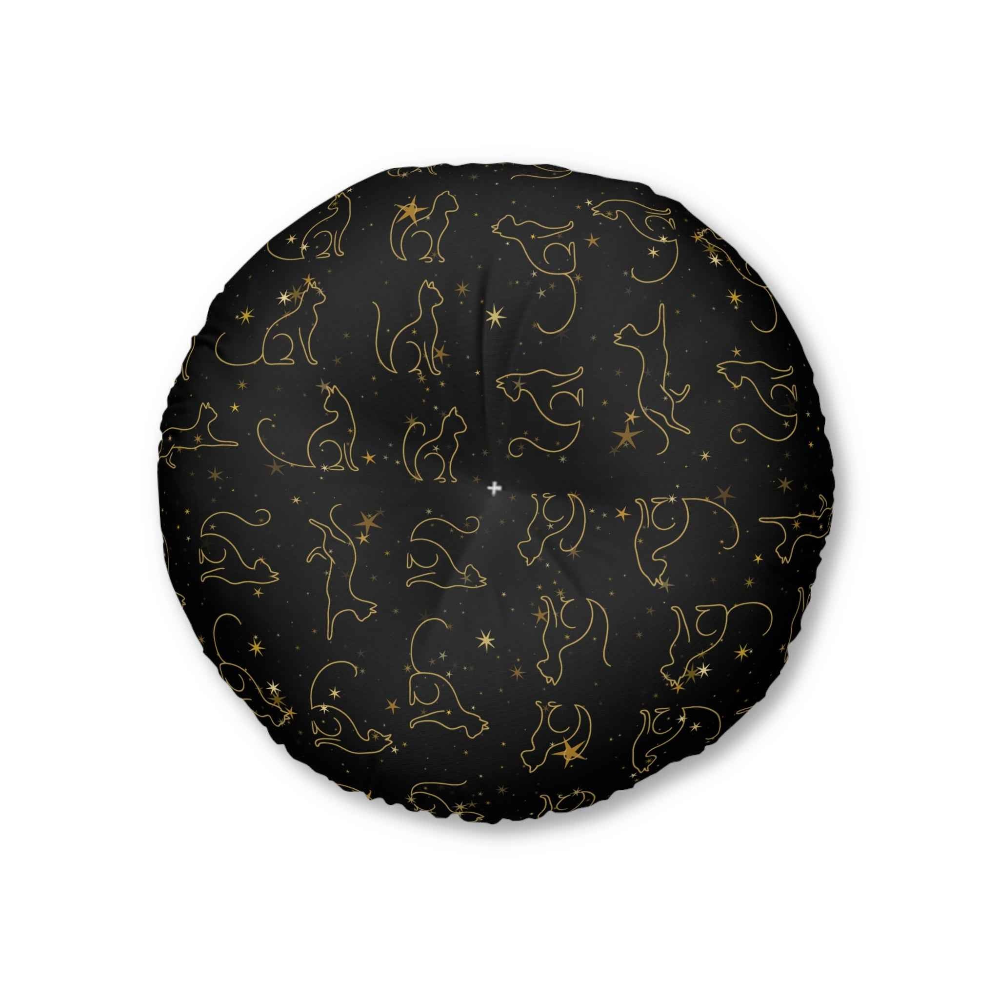 Gold Foil Line-Art Cats Tufted Floor Pillow – Black
