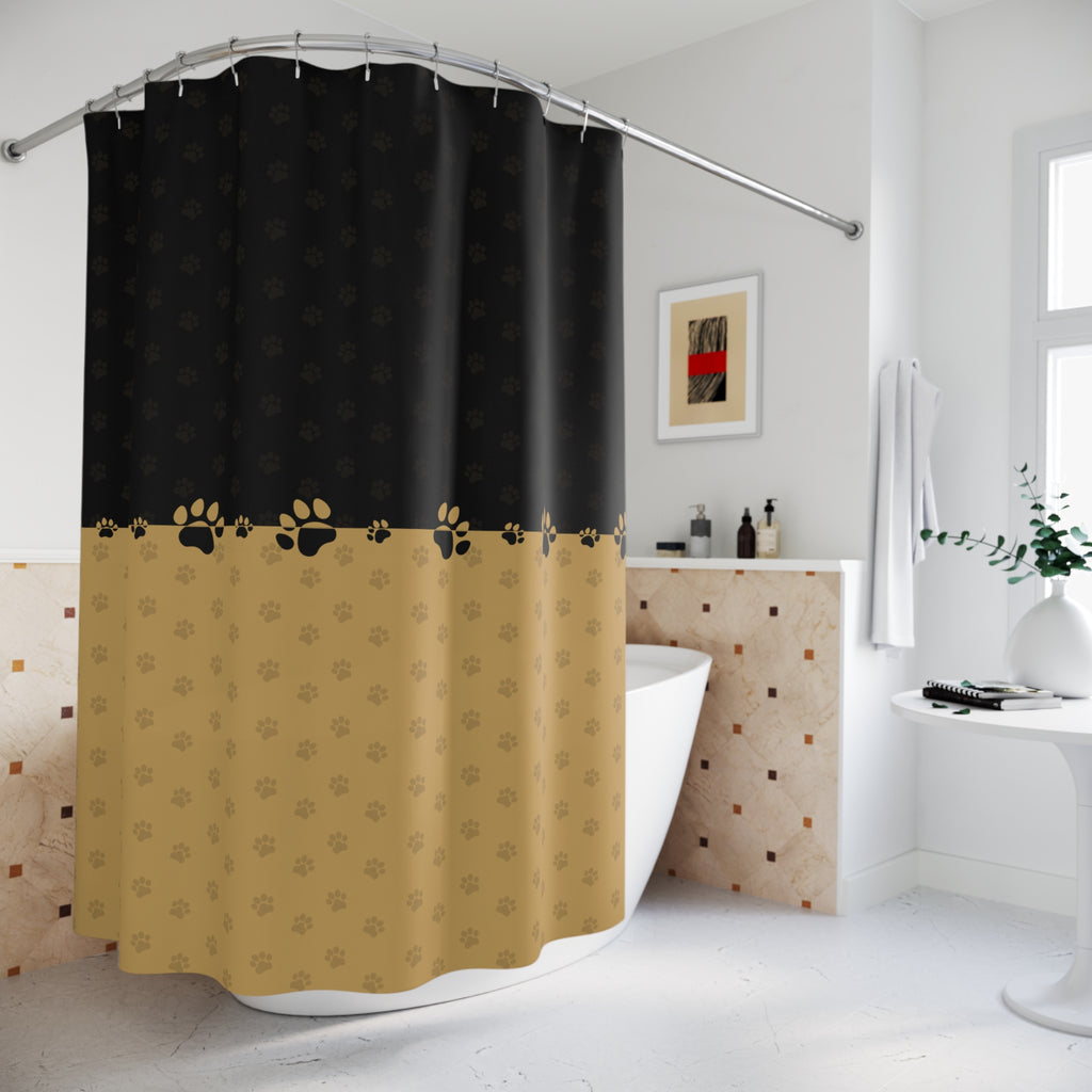 Black & Gold Paw Print Shower Curtain — Elegant Cat-Themed Bathroom Decor