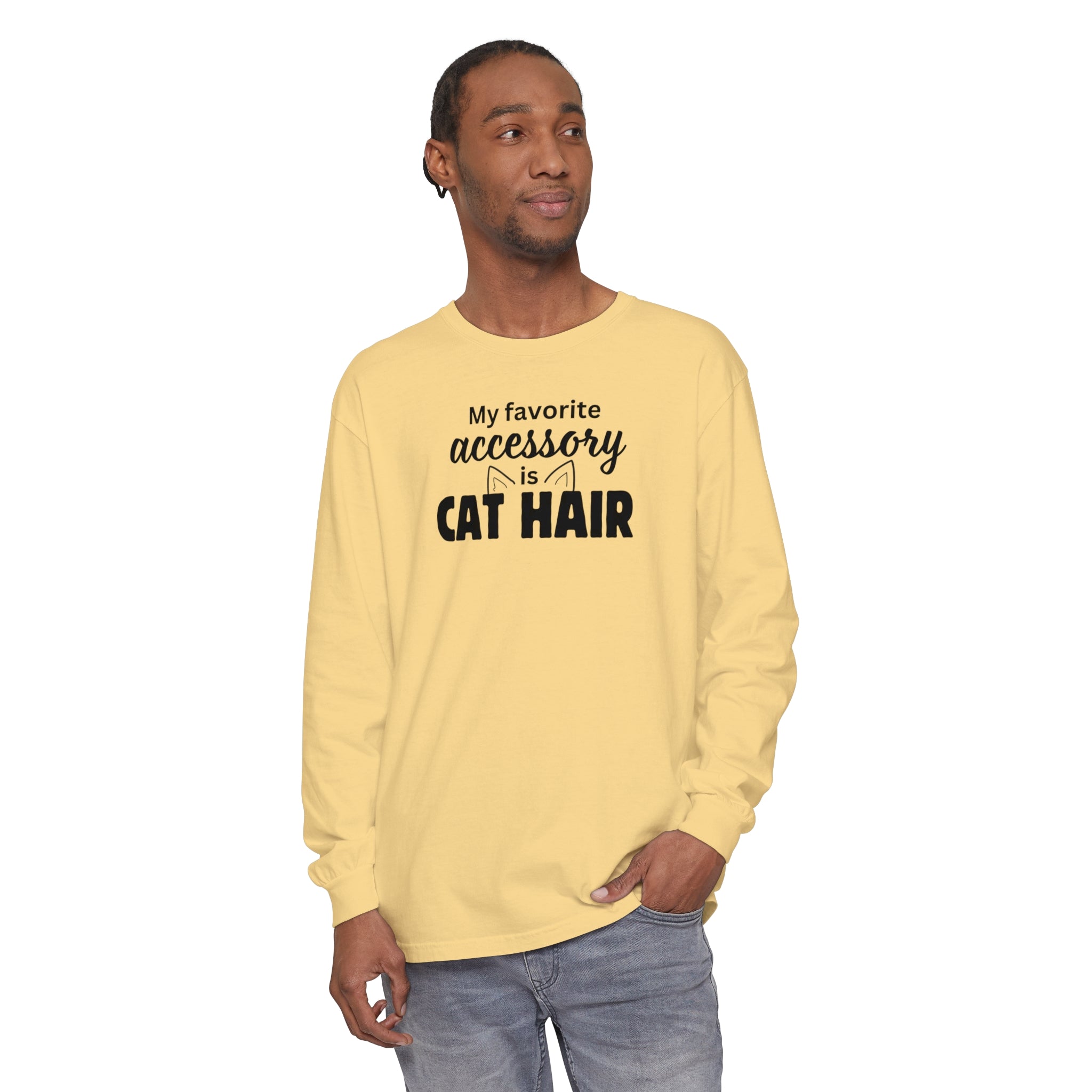 Photo depicting the ​Cat Hair Accessorized Unisex Garment-dyed Long Sleeve T-Shirt from EpiAl's Shop.