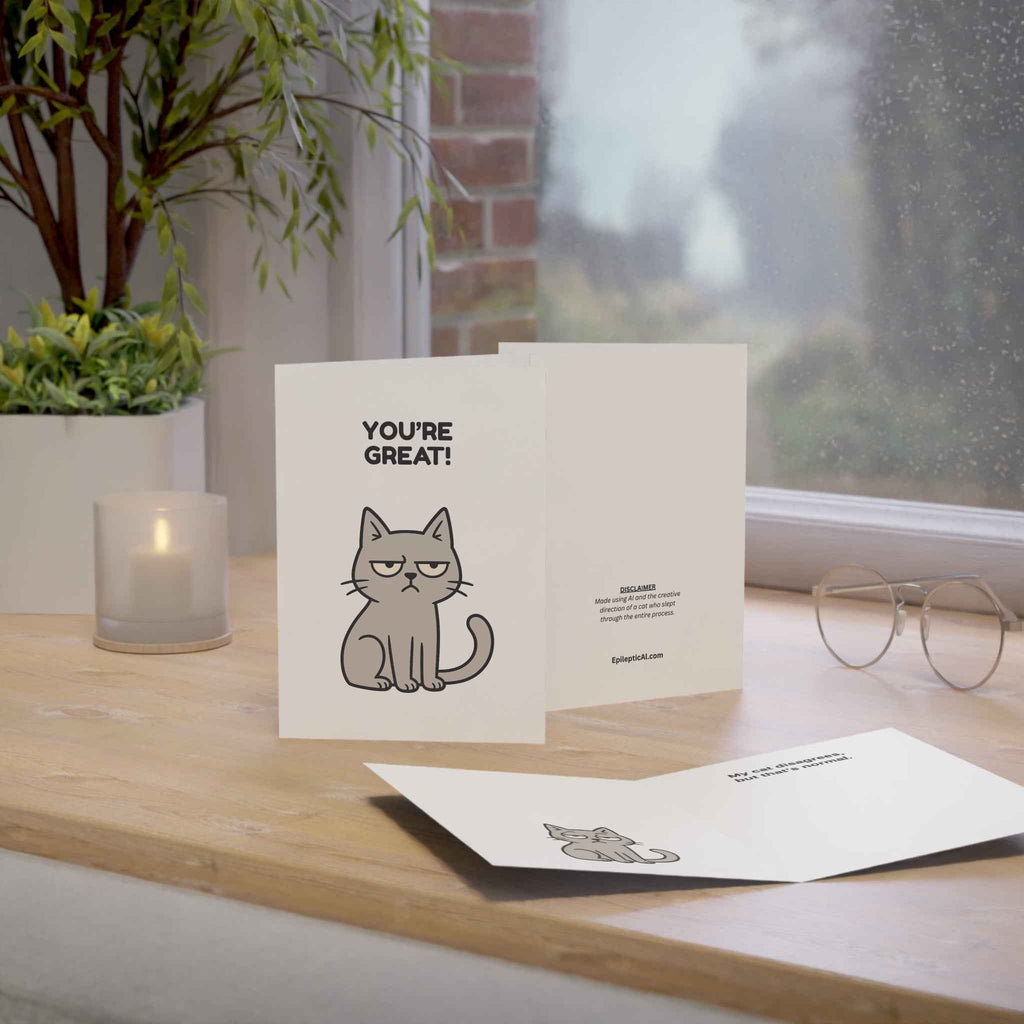 Funny Cat Greeting Card – “You’re Great / My Cat Disagrees” – 10, 30, 50 pc. sets