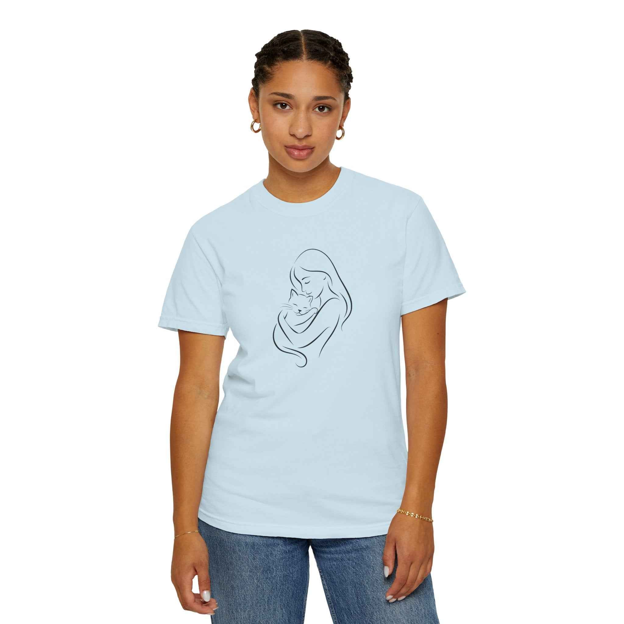 Mother & Cat Embrace T-Shirt | Minimal Line Art Cat Mom Shirt